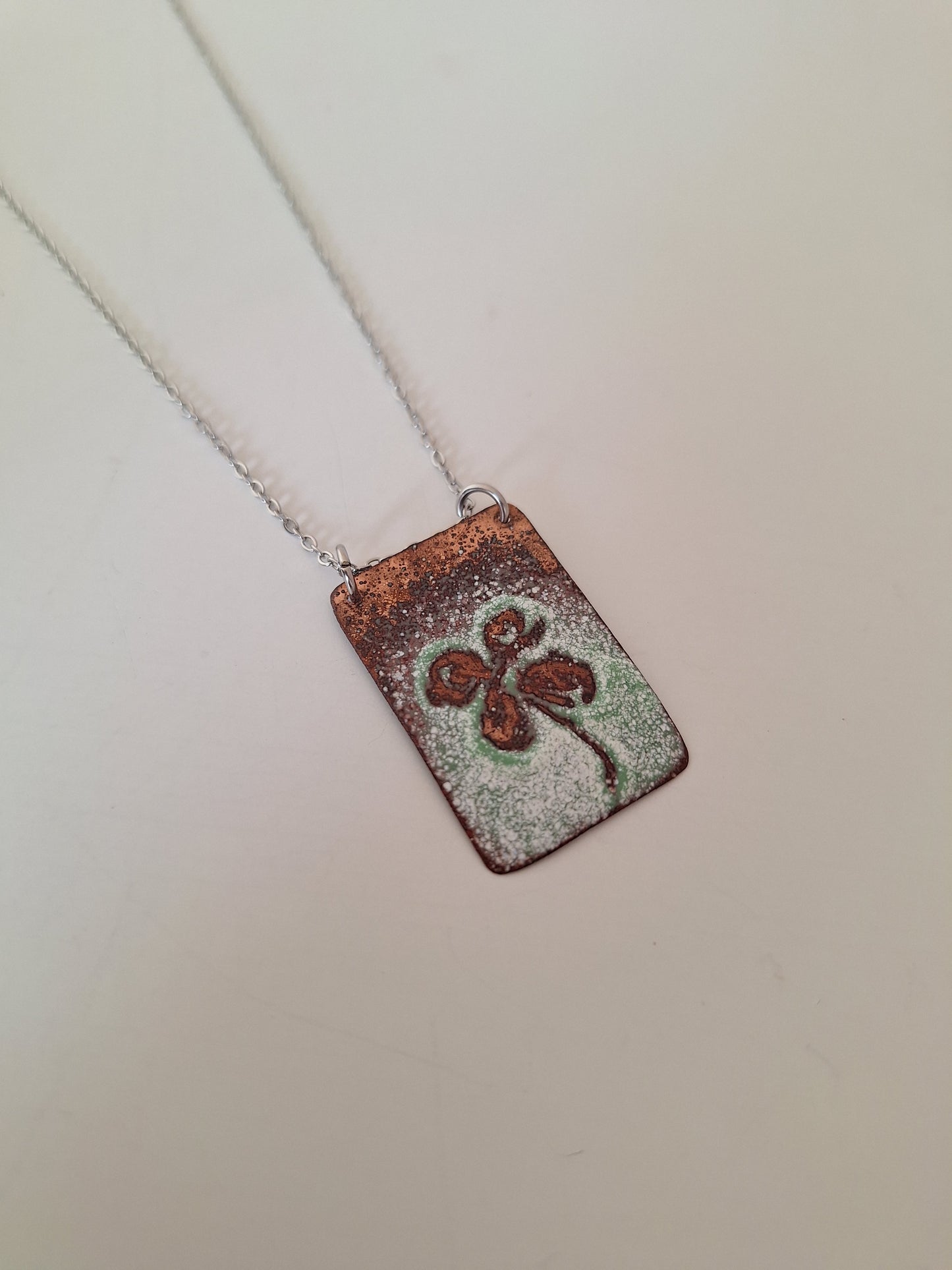 Copper Clover Necklace – Enamel Pendant – One of a Kind Botanical Jewelry