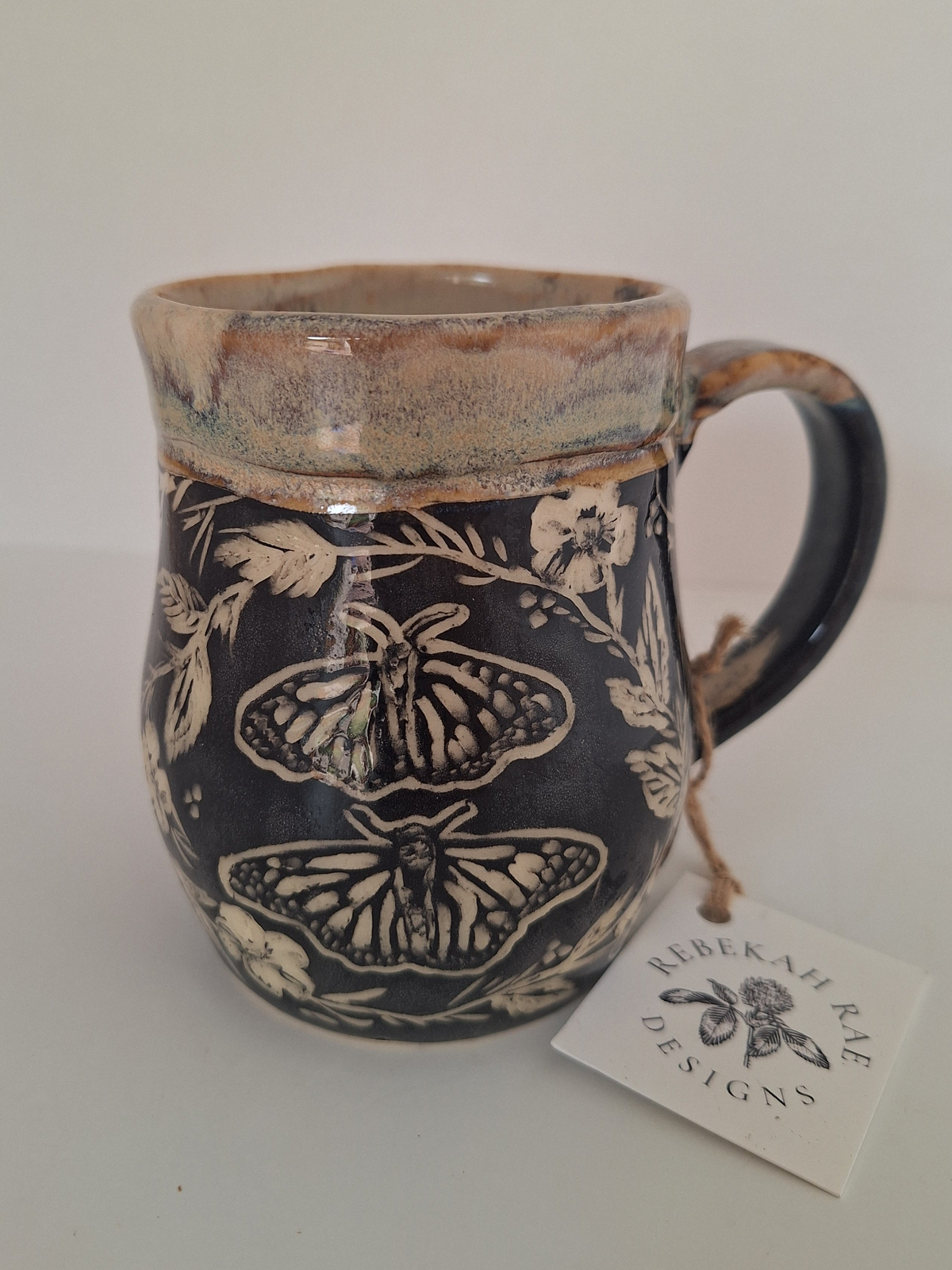 Monarchs Mug - Hand Carved Botanical Stoneware - Sgraffito