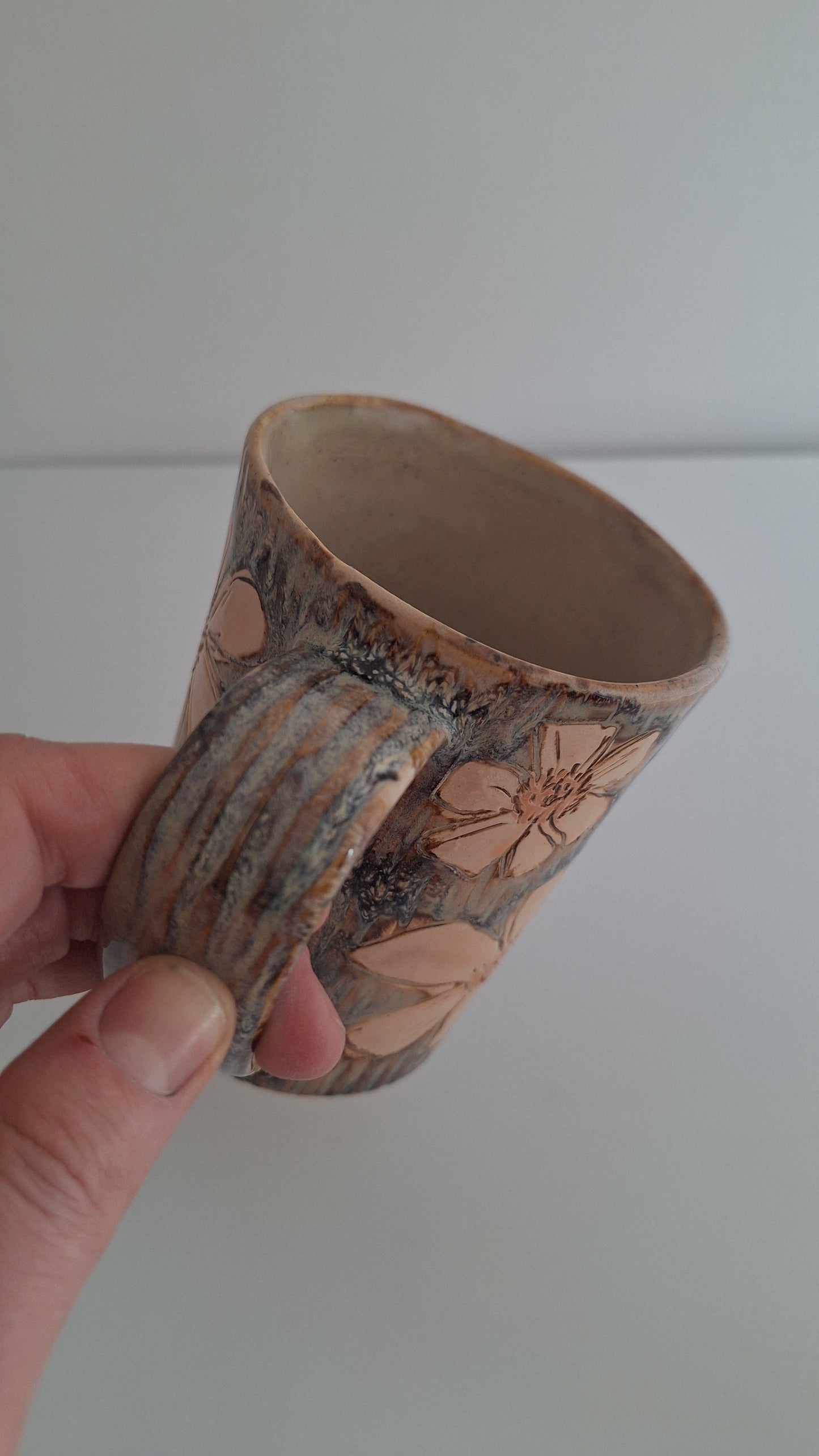 Hand Carved Botanical Stoneware Mug – Cosmo Floral - One of a Kind Sgraffito Mug