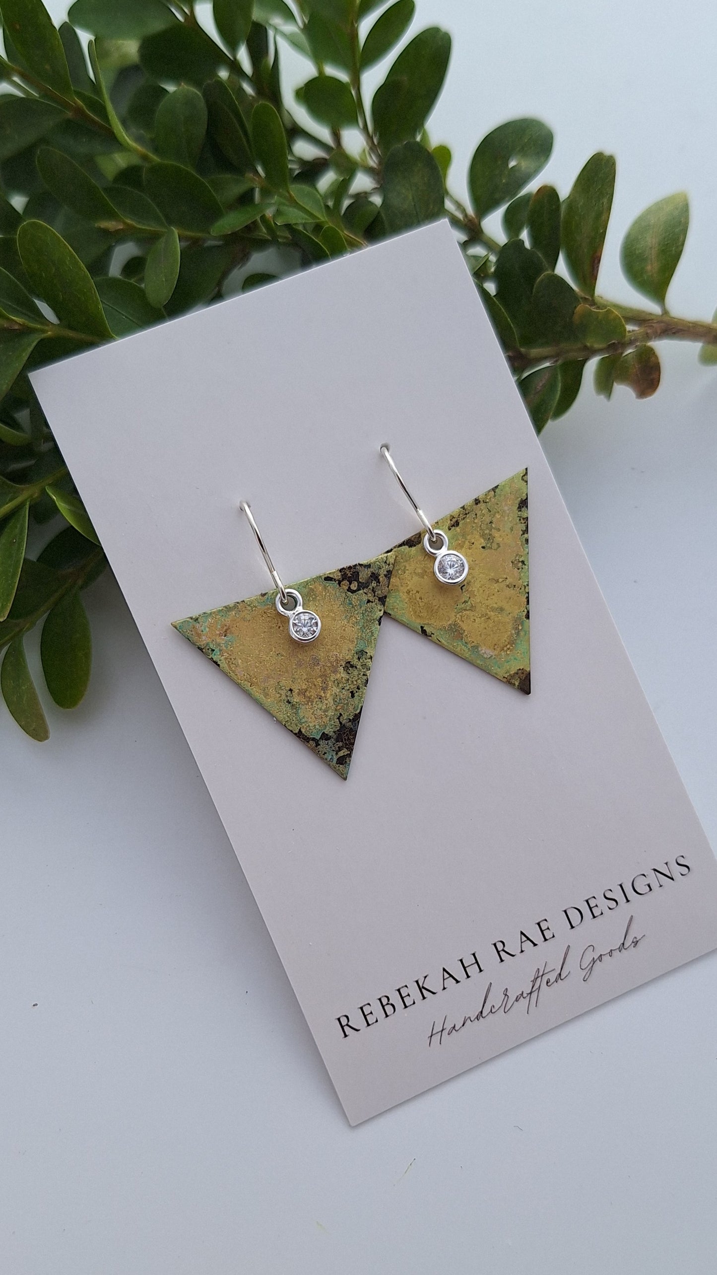 Triangle Brass Earrings with gems