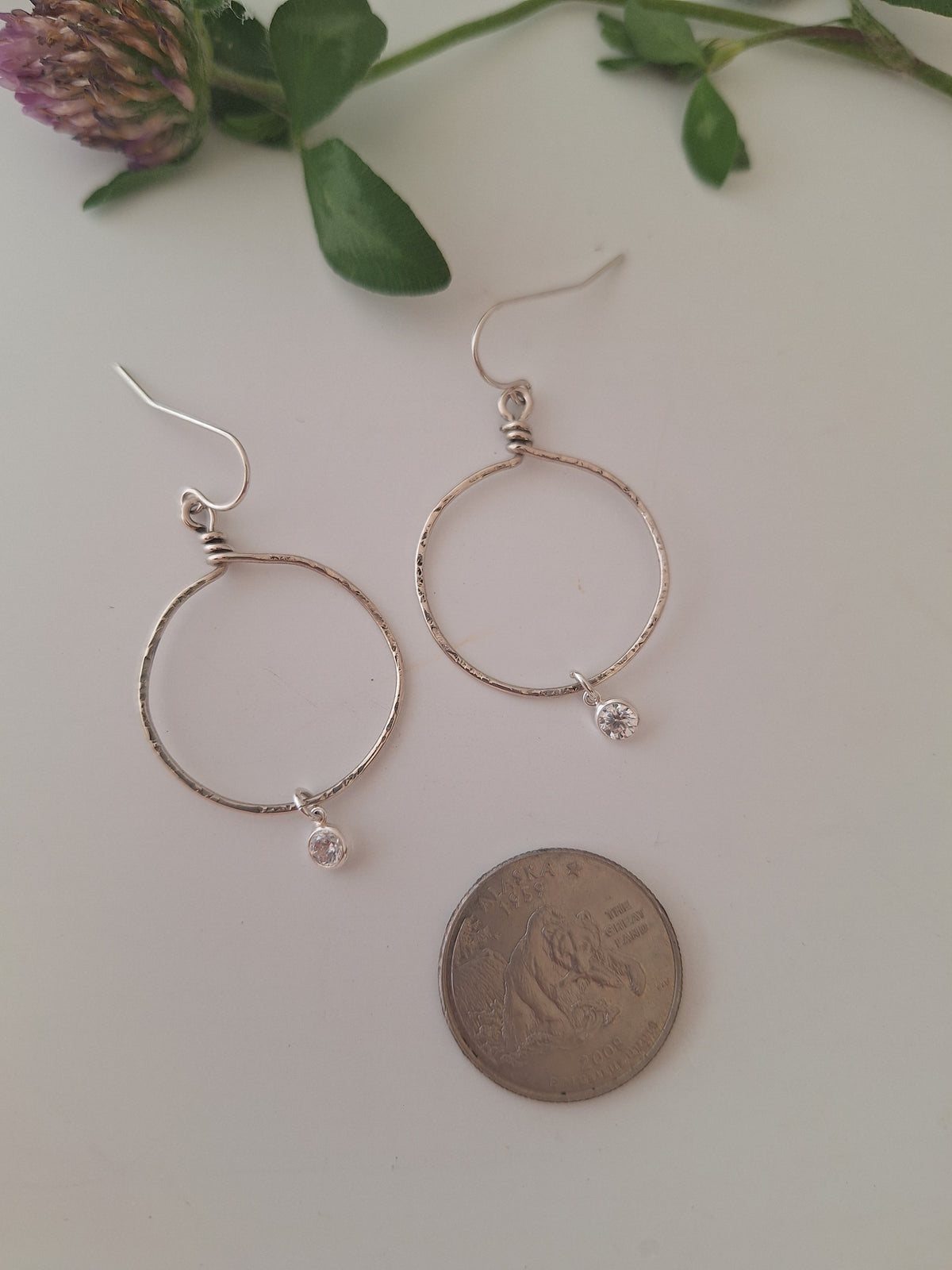 Hammered Hoop Earrings with gems - sterling