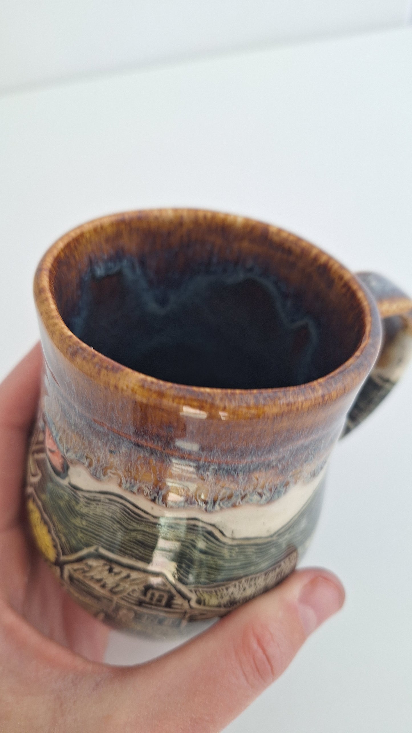 Hand Carved Botanical Stoneware Mug – Barn & Farm Field - One of a Kind Sgraffito Mug