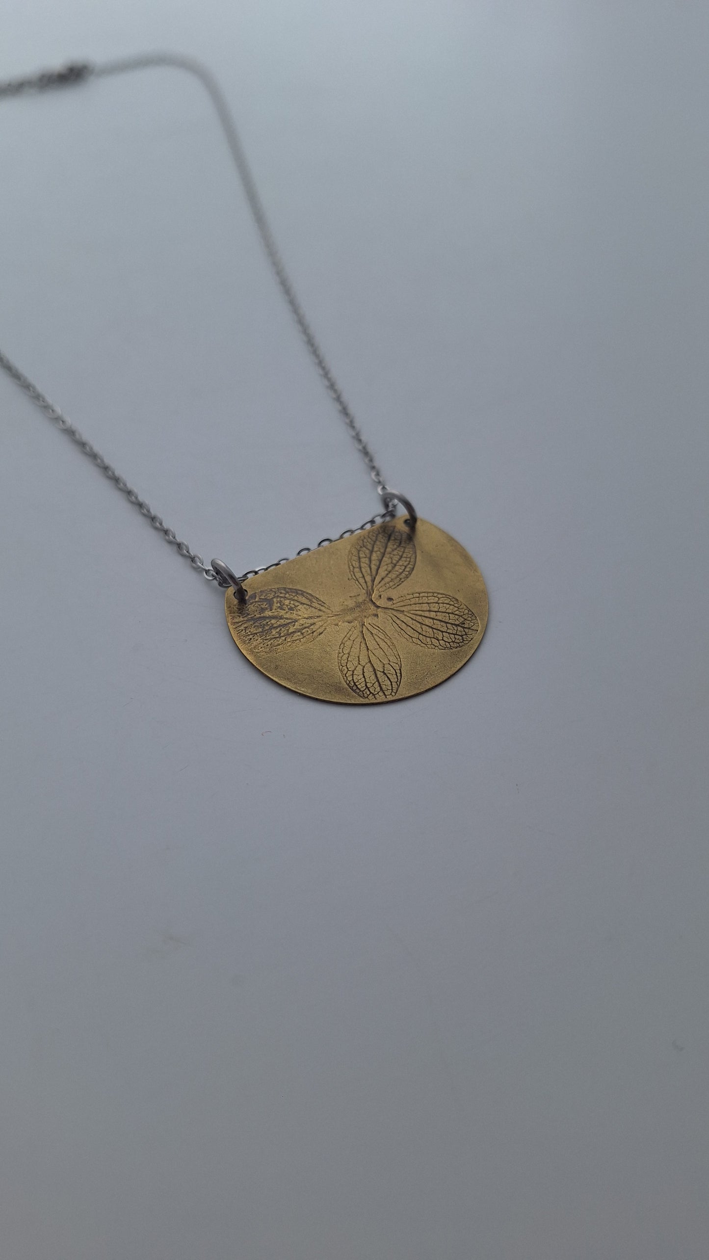 Pressed Hydrangea Brass Necklace — Botanical Imprint (One of a Kind)