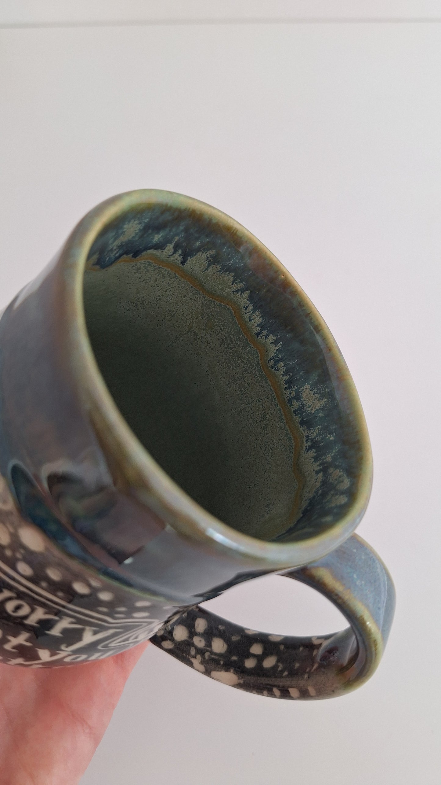 Hand Carved Botanical Stoneware Mug – Don't Worry - One of a Kind Sgraffito Mug