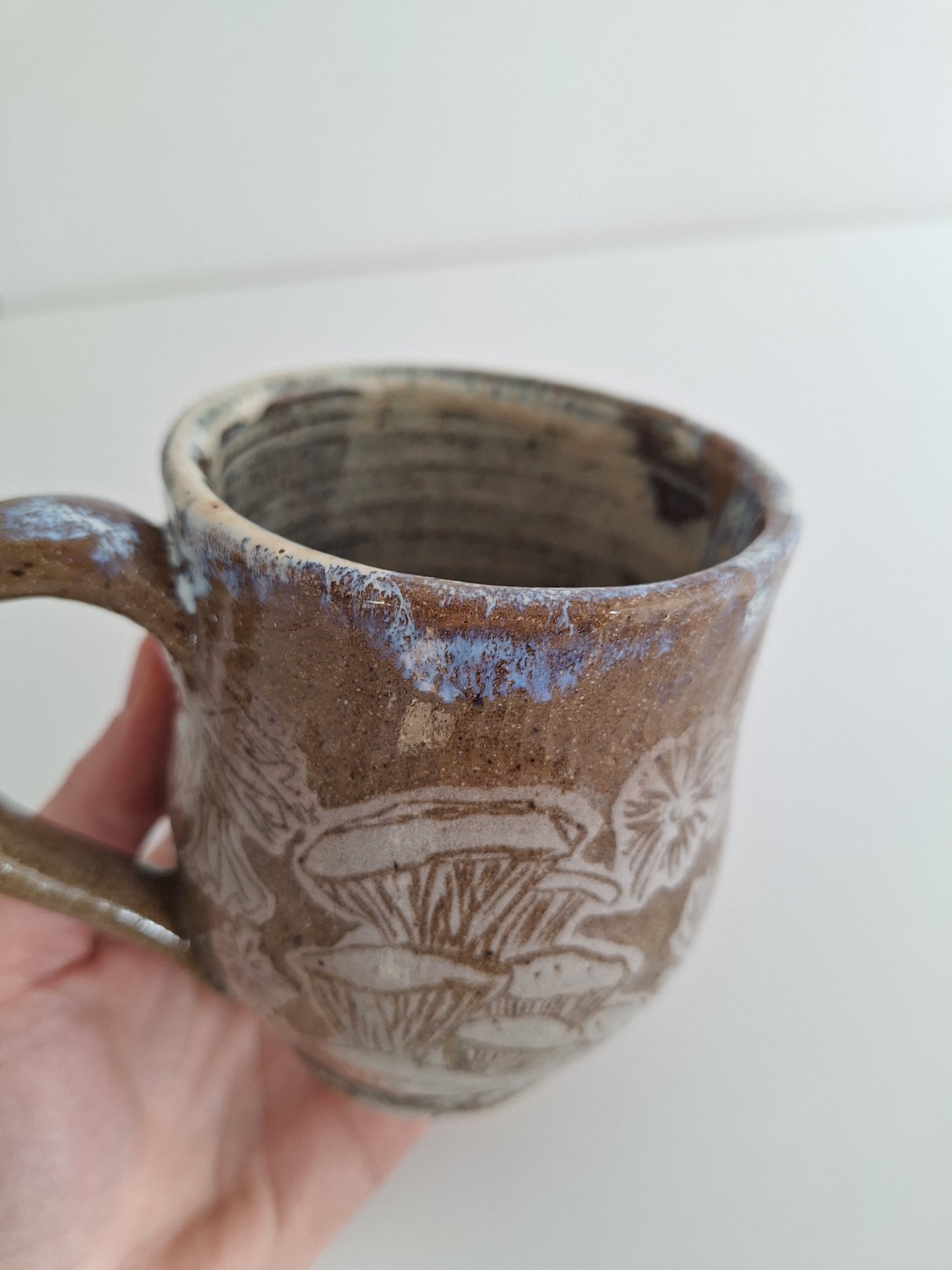 Hand Carved Botanical Stoneware Mug – Mushroom Fern - One of a Kind Sgraffito Mug