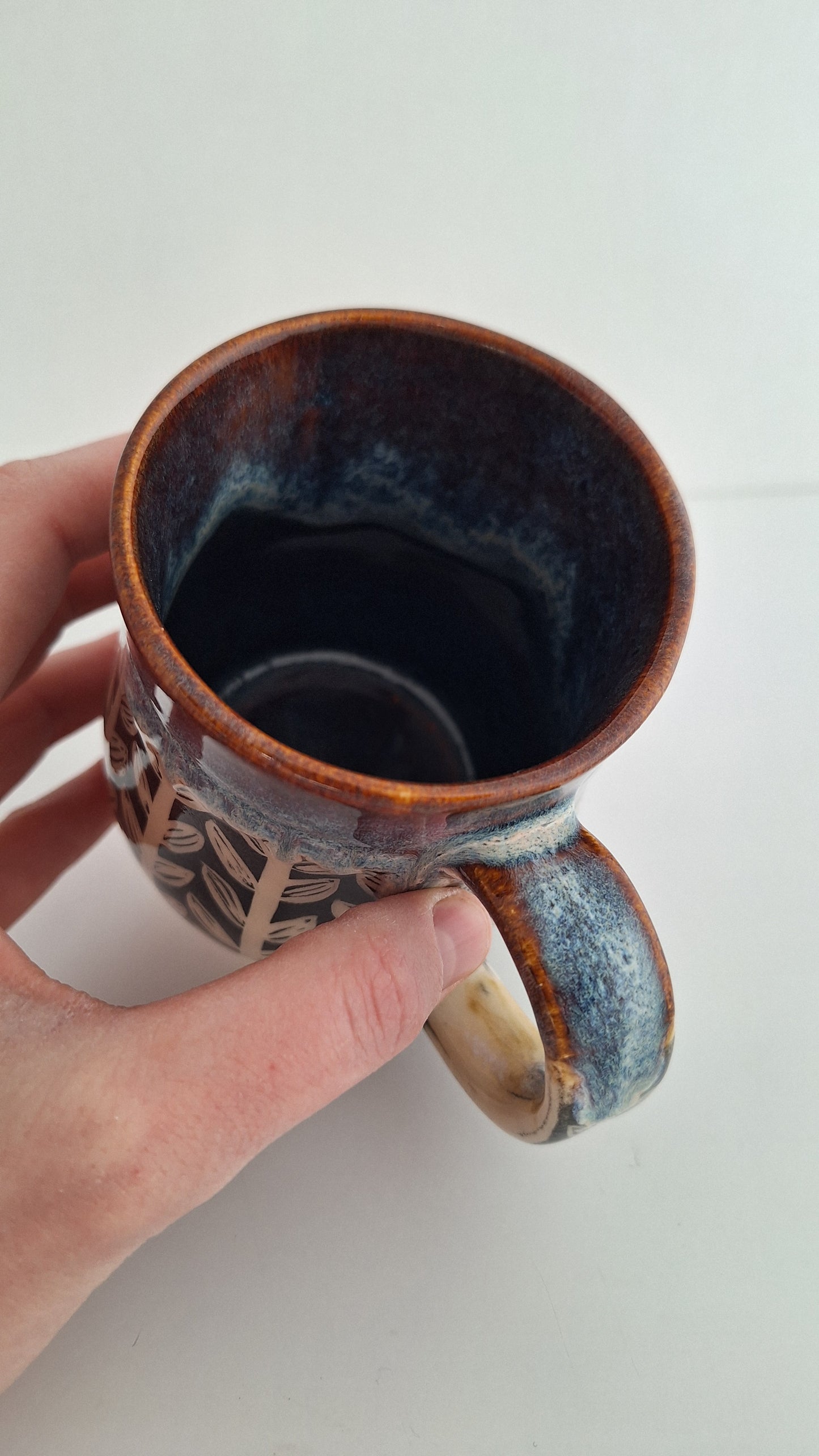 Hand Carved Botanical Stoneware Mug – Honeysuckle Vines - One of a Kind Sgraffito Mug