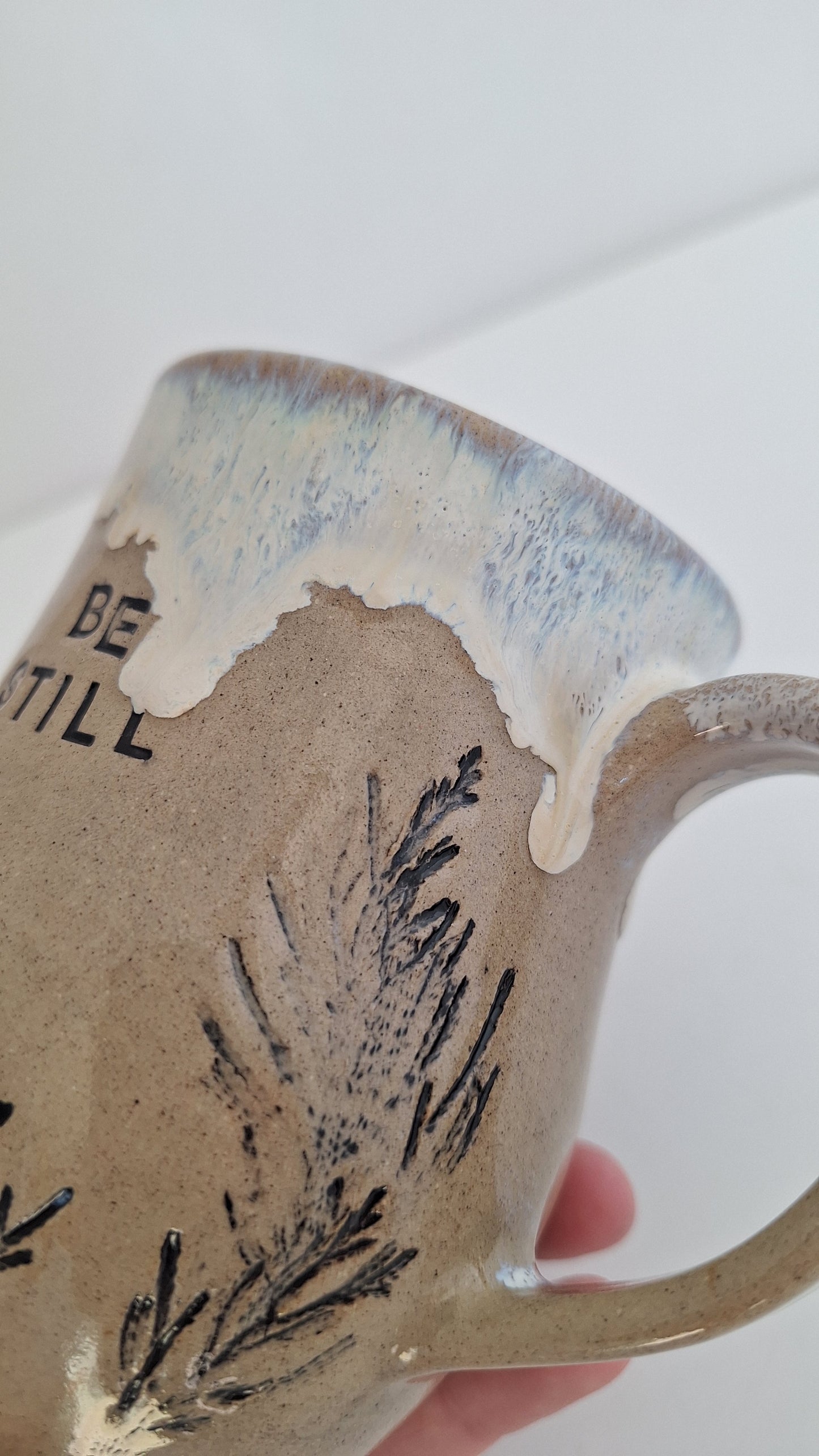 Be Still - Hand Pressed Botanical Stoneware Mug Juniper, One of a Kind Handmade Mug
