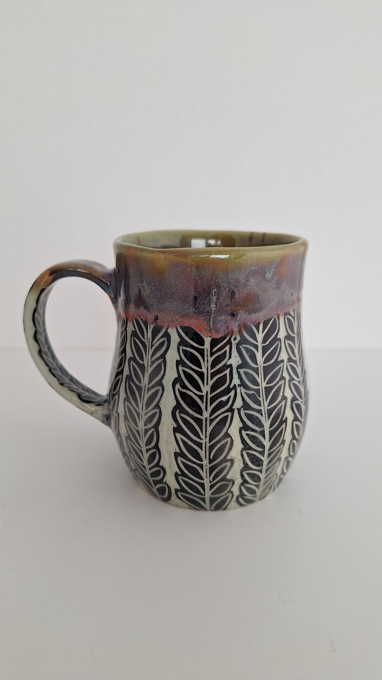 Hand Carved Botanical Stoneware Mug – Honeysuckle Vines - One of a Kind Sgraffito Mug