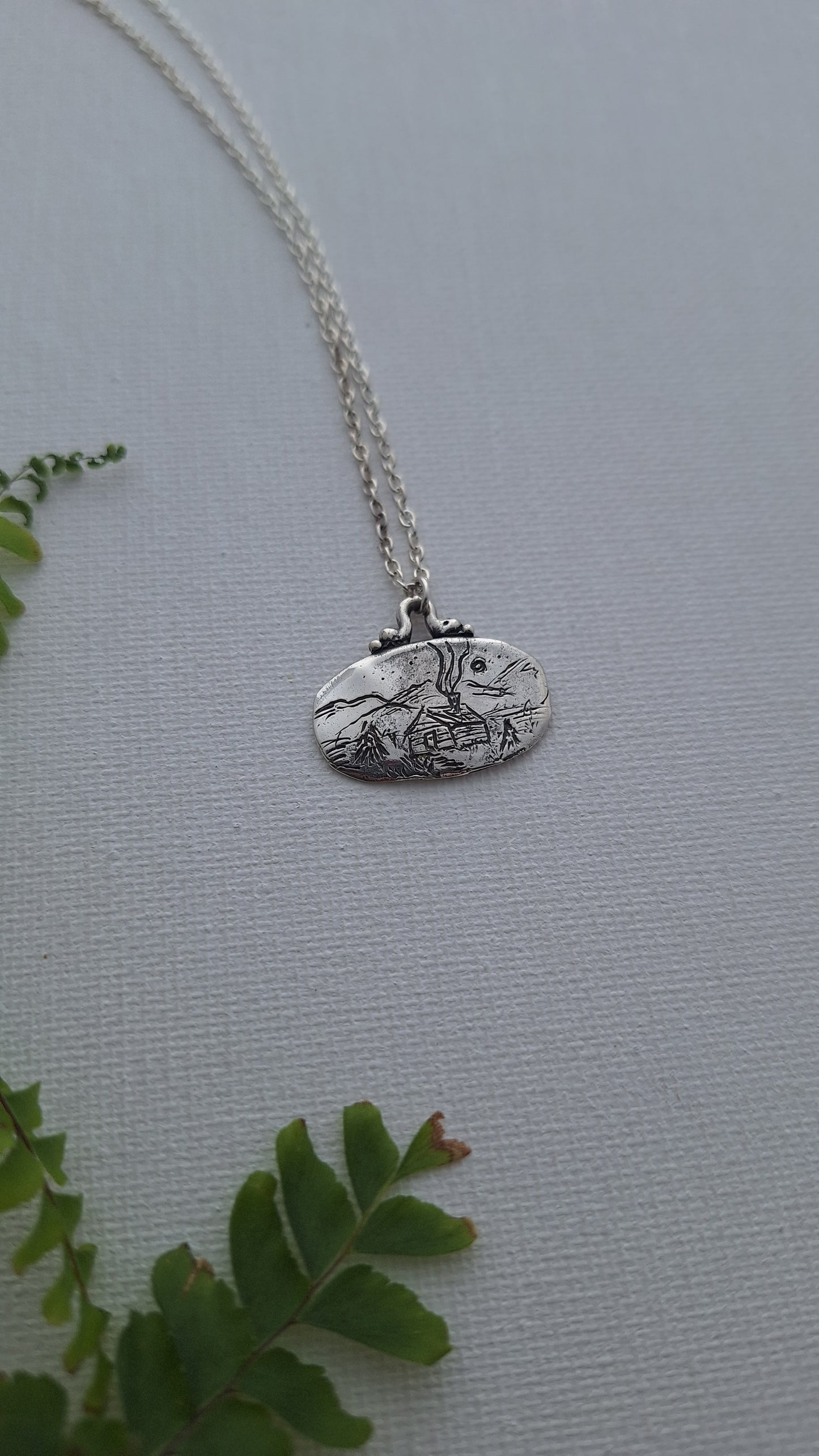 Hand Carved Sterling Silver Mountain Cabin Necklace – One of a Kind Landscape Pendant