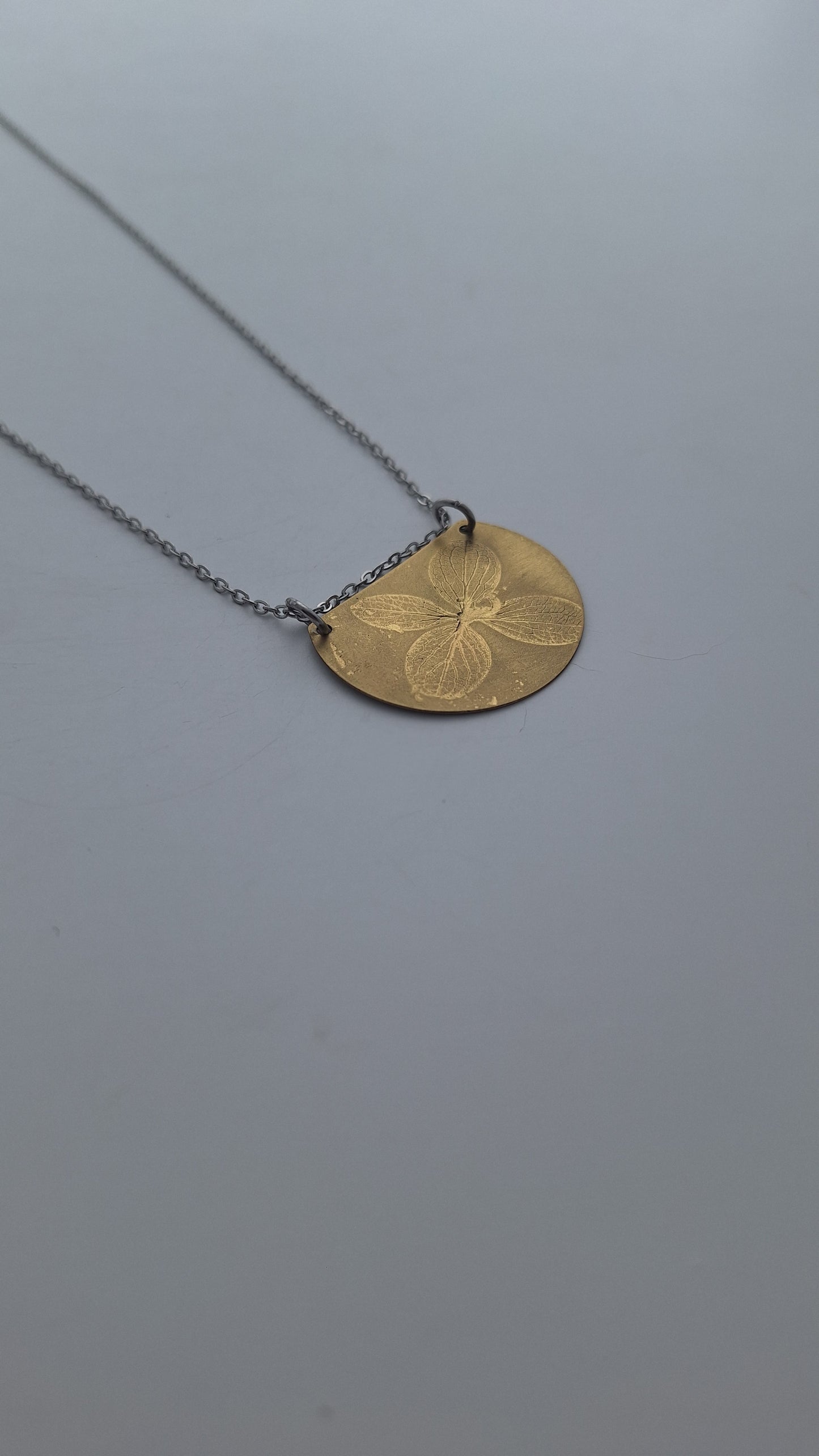Pressed Hydrangea Brass Necklace — Botanical Imprint (One of a Kind)