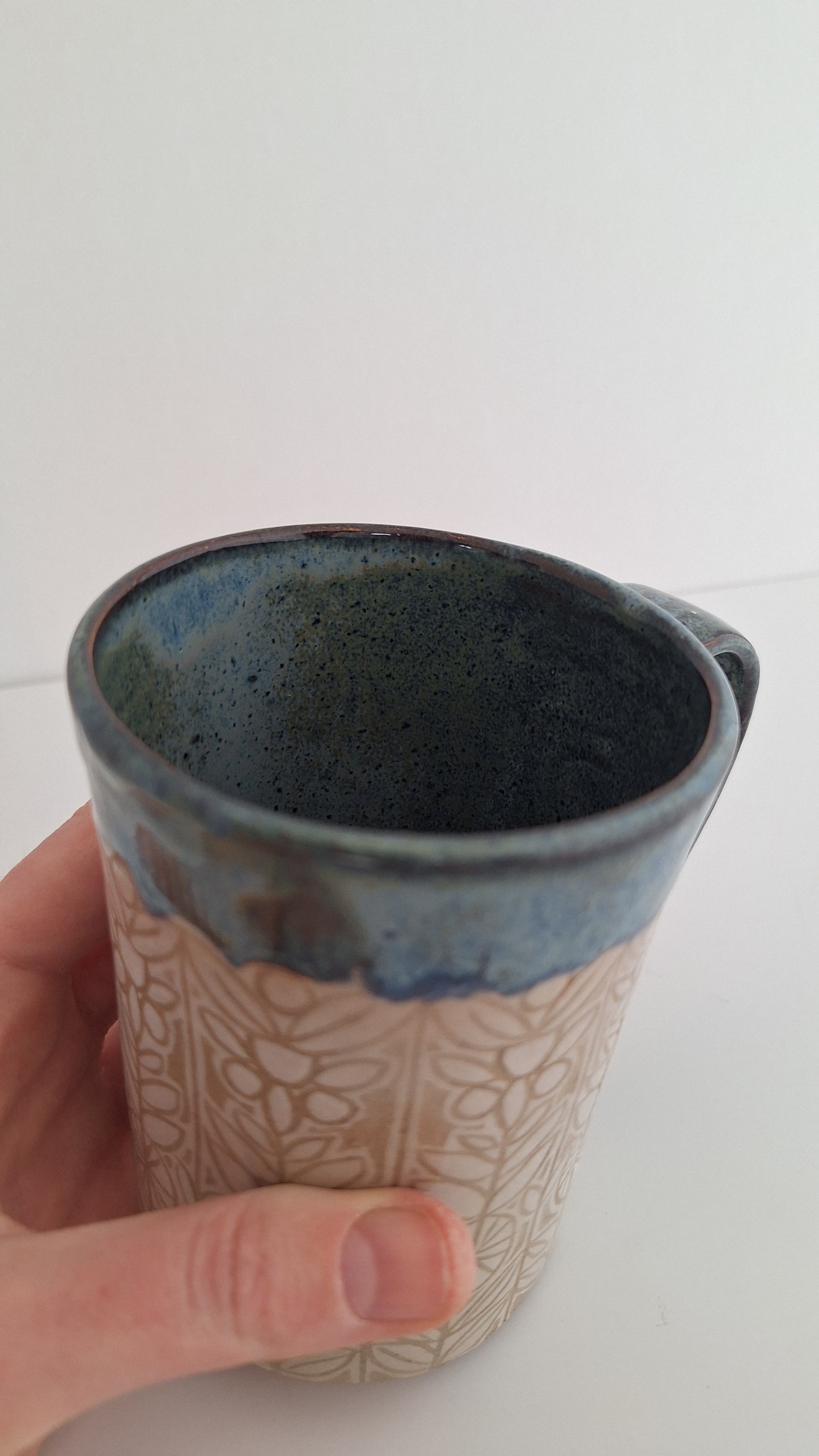 Hand Carved Botanical Stoneware Mug – Woodland Floral - One of a Kind Sgraffito Mug