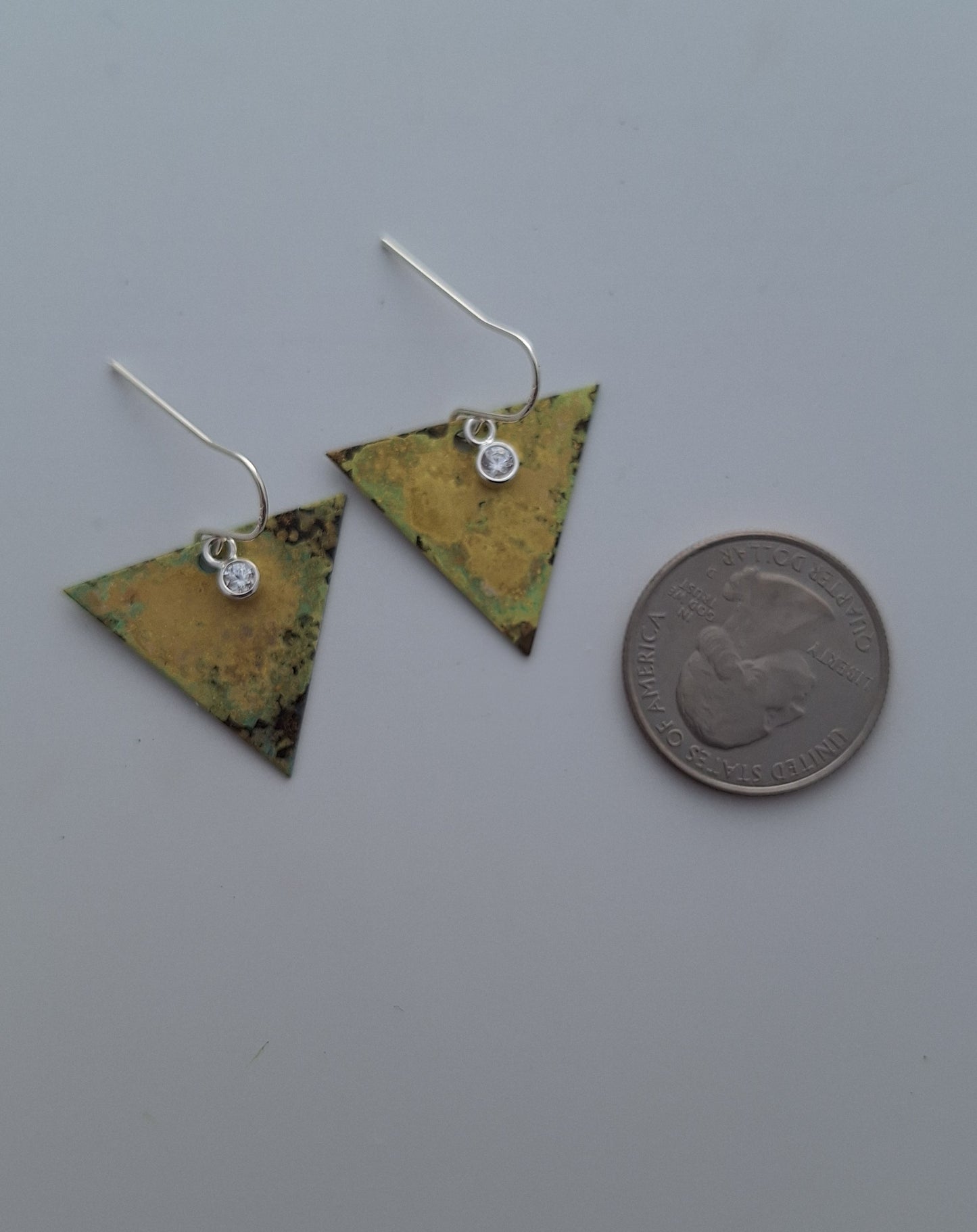 Triangle Brass Earrings with gems