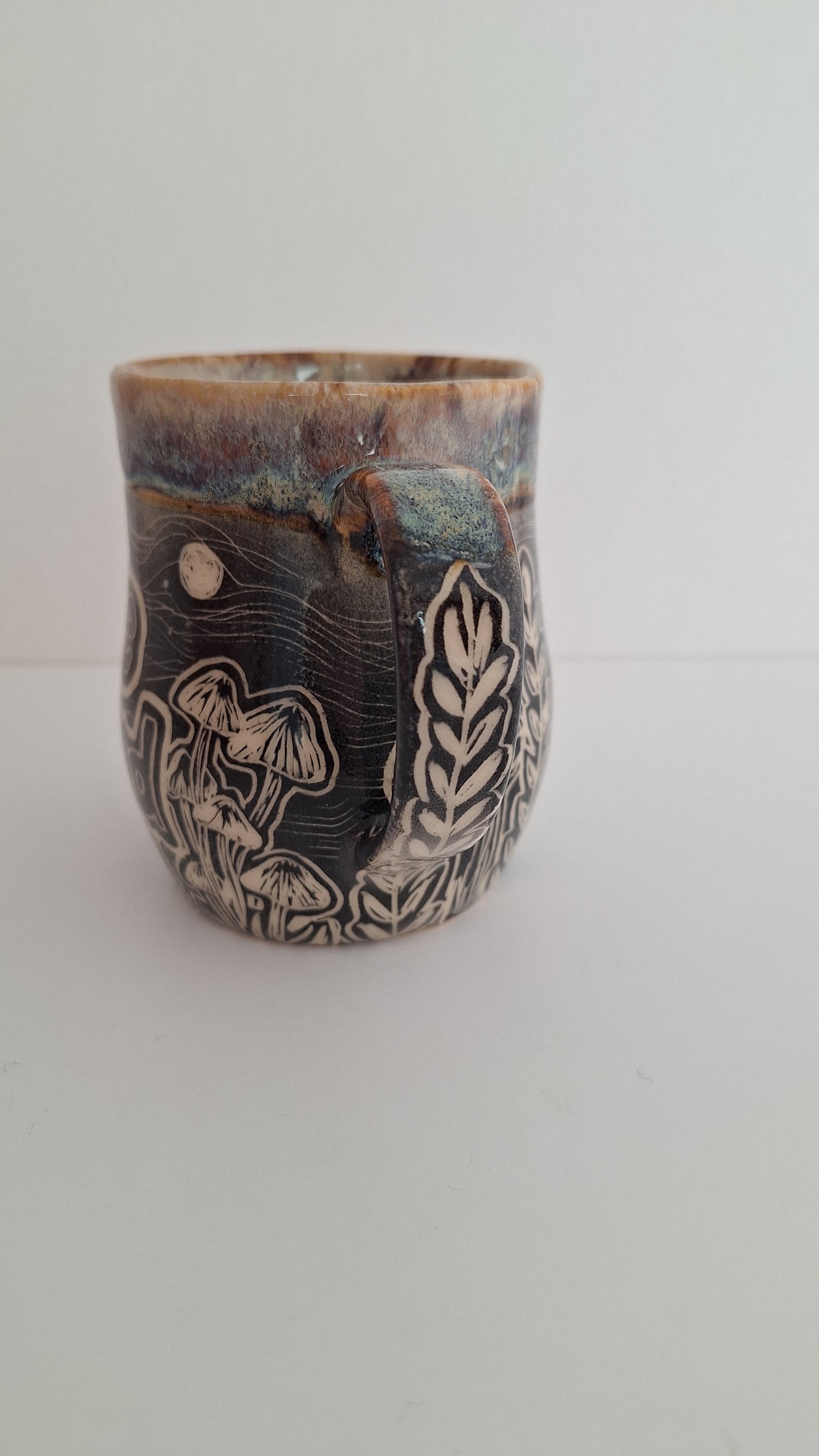 Hand Carved Botanical Stoneware Mug – Be Kind, mushrooms, morels - One of a Kind Sgraffito Mug