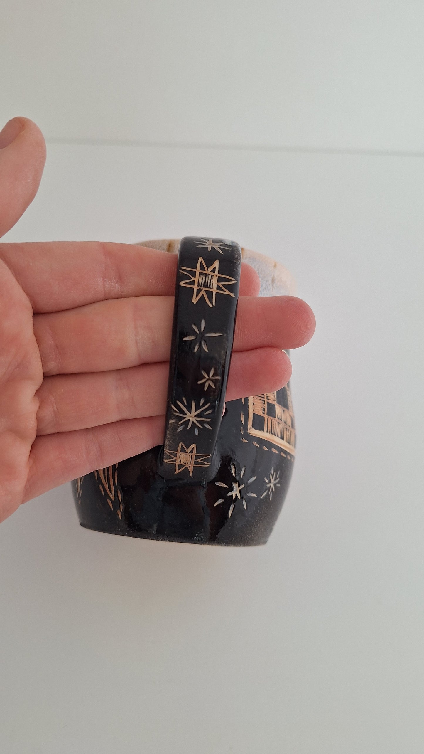 *Second* Hand Carved Stoneware Mug – Simple Things, Quilt blocks - One of a Kind Sgraffito Mug