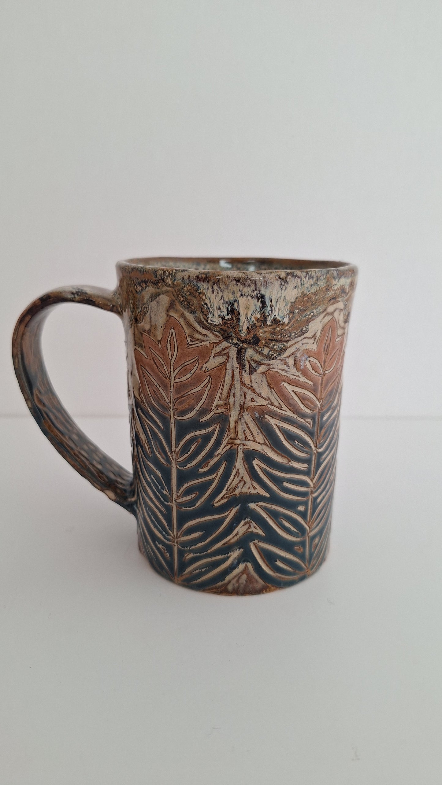 Hand Carved Botanical Stoneware Mug – Mountain Fern - One of a Kind Sgraffito Mug