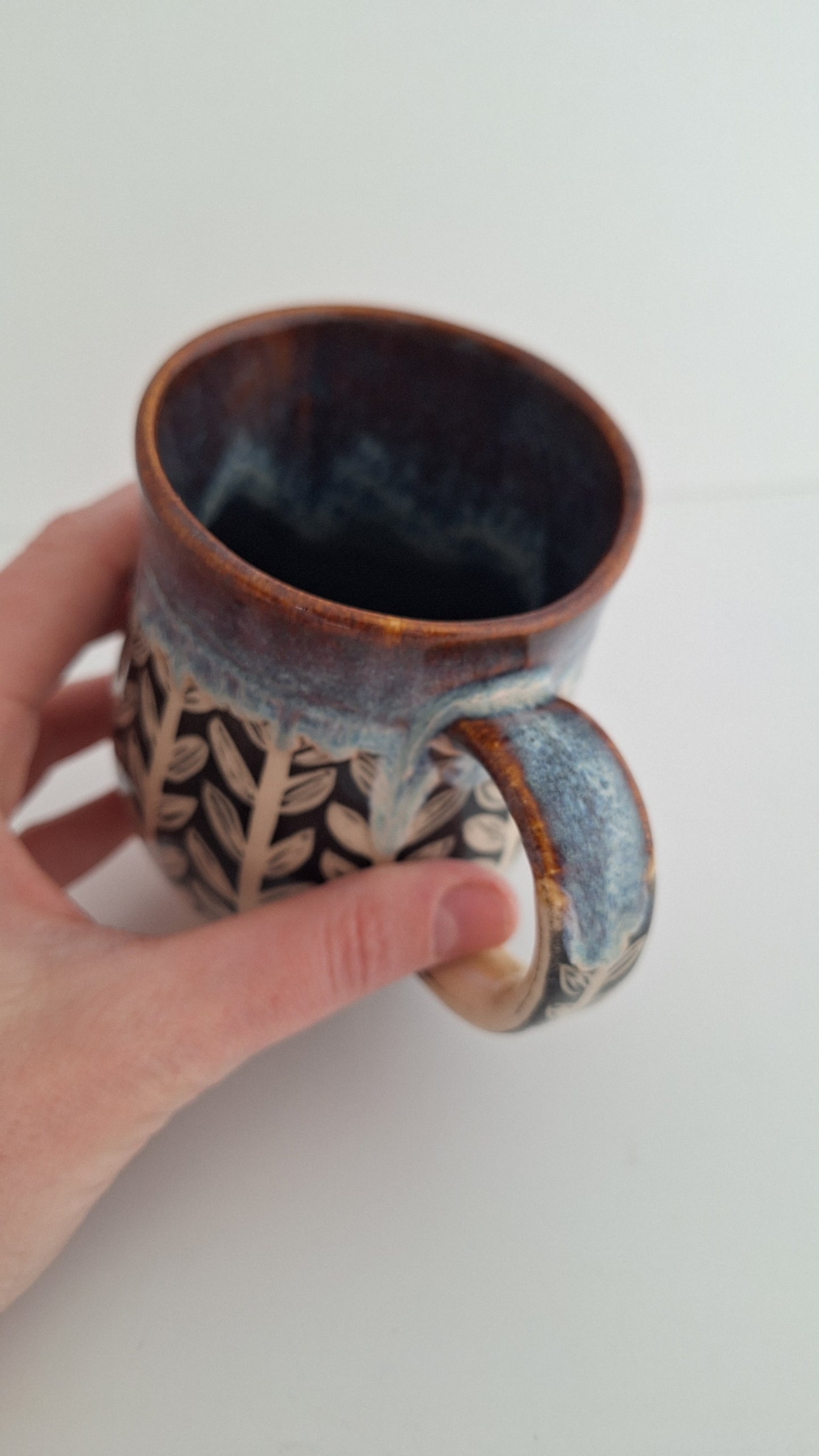 Hand Carved Botanical Stoneware Mug – Honeysuckle Vines - One of a Kind Sgraffito Mug