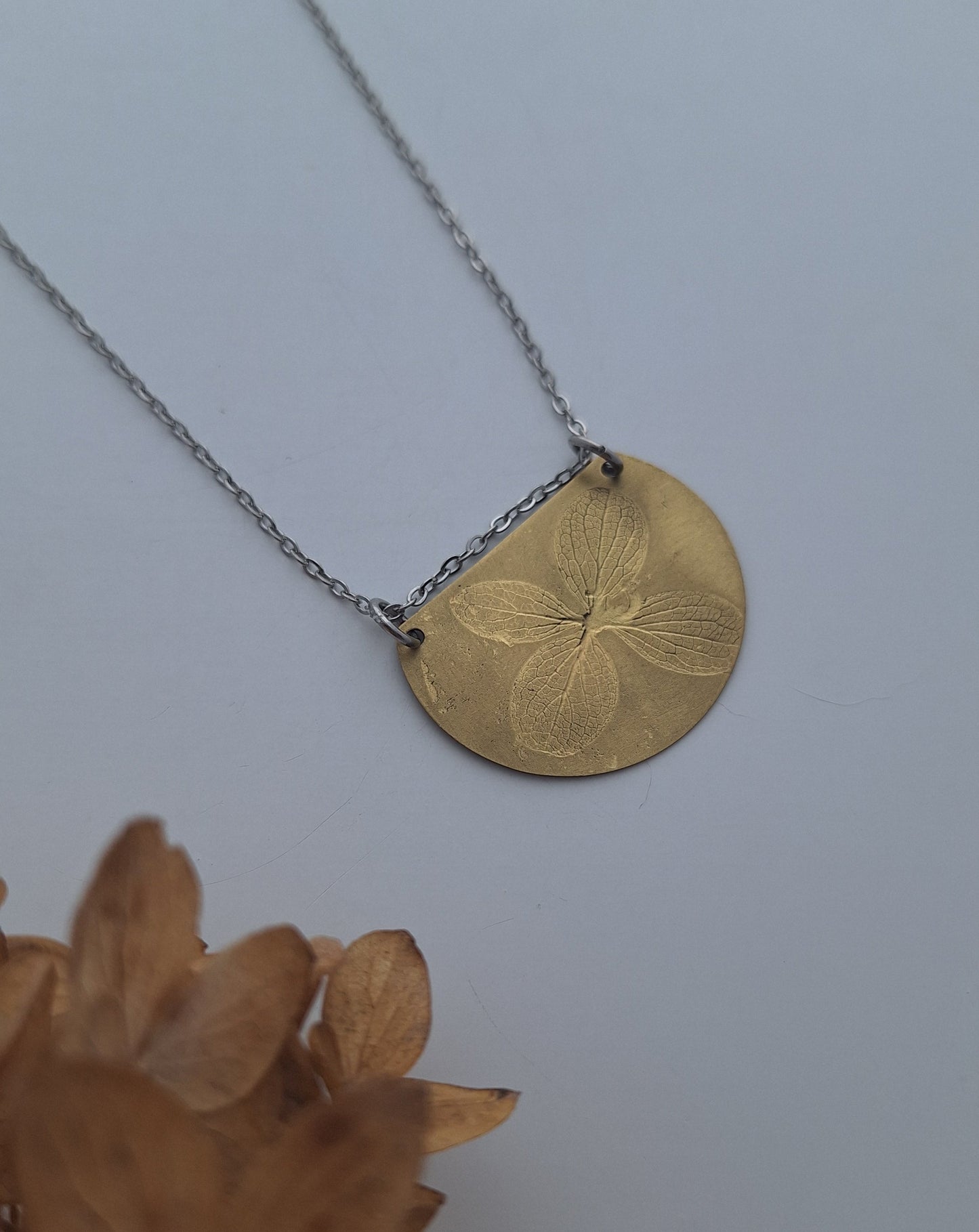 Pressed Hydrangea Brass Necklace — Botanical Imprint (One of a Kind)