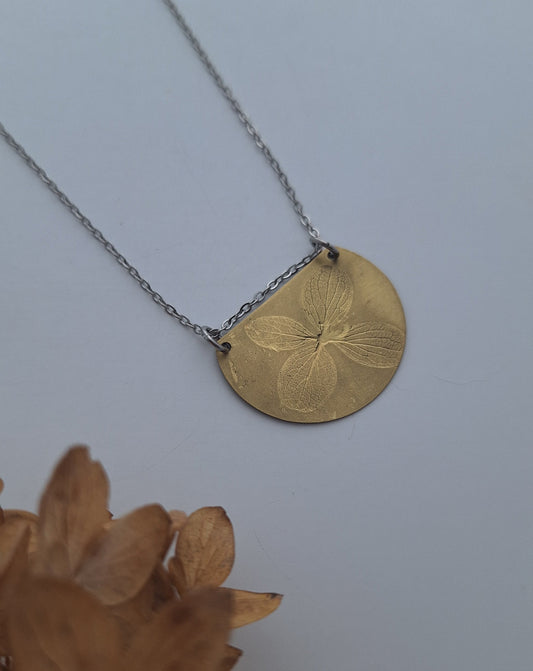 Pressed Hydrangea Brass Necklace — Botanical Imprint (One of a Kind)