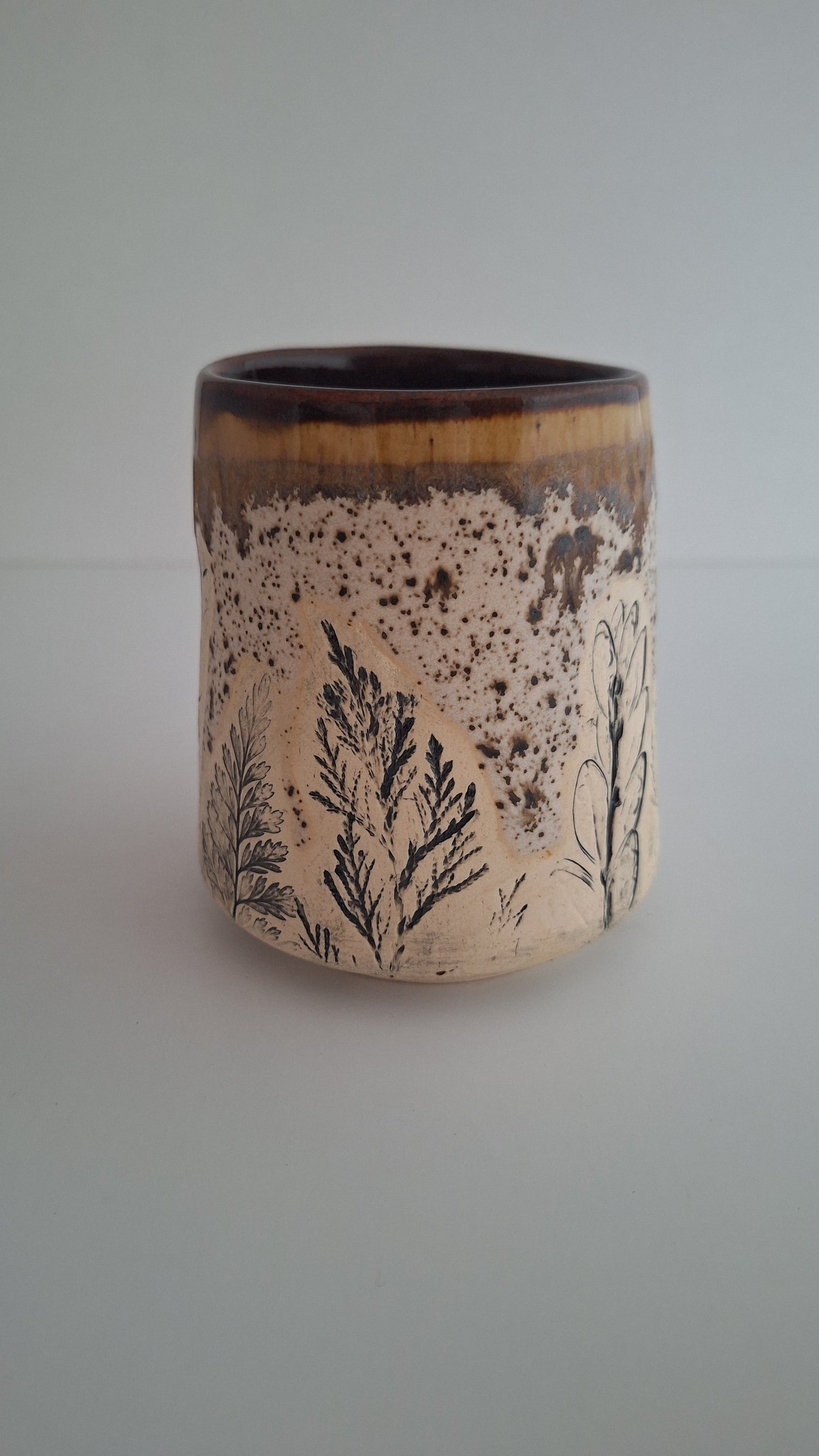 Botanical Imprint Stemless Wine Cup — One of a Kind Stoneware Tumbler - #4