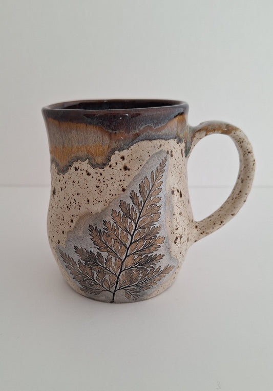Hand Pressed Botanical Stoneware Mug – Rabbits Foot Fern, One of a Kind Handmade Mug