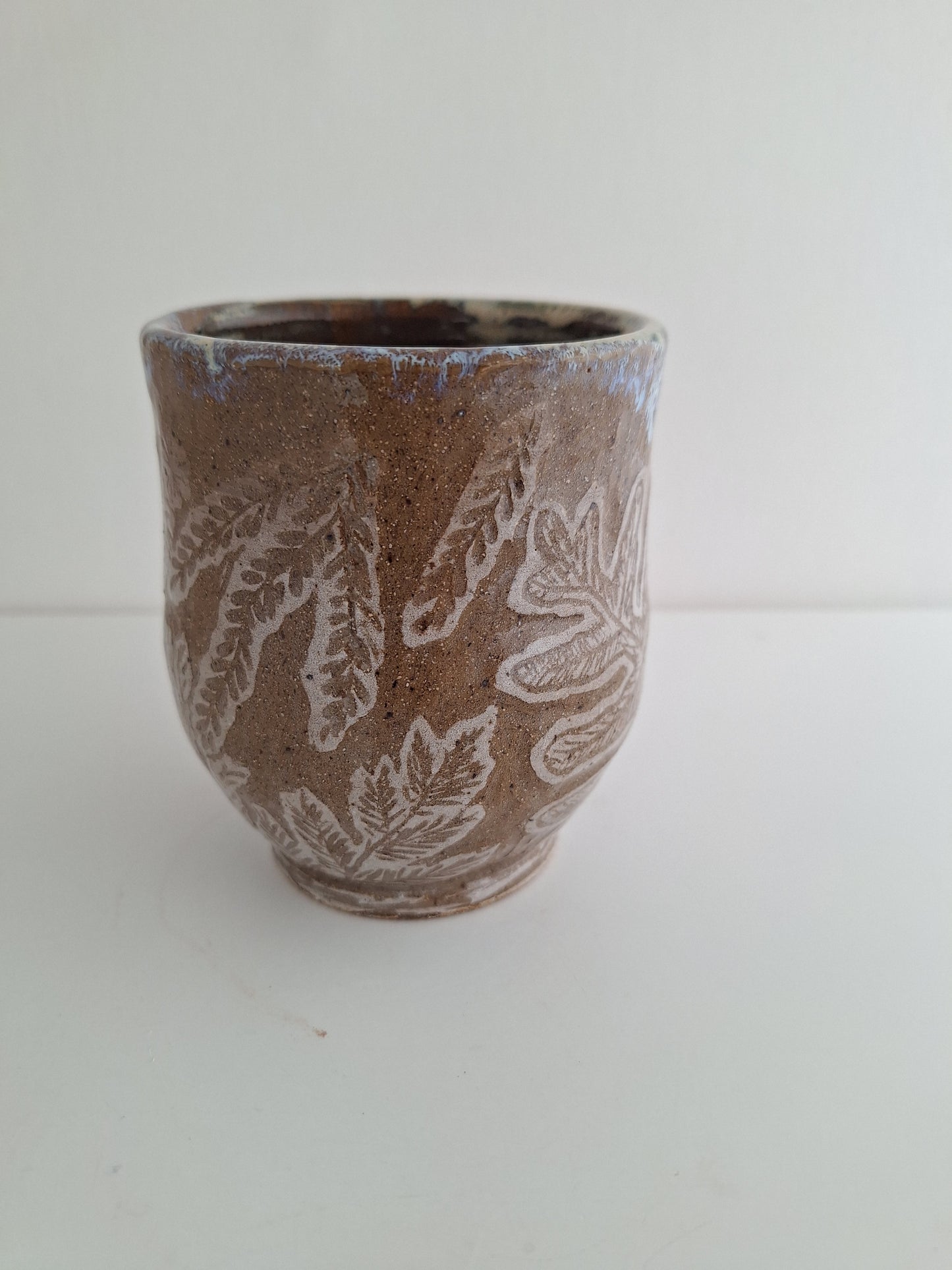 Hand Carved Botanical Stoneware Mug – Mushroom Fern - One of a Kind Sgraffito Mug