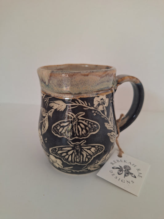 Monarchs Mug - Hand Carved Botanical Stoneware - Sgraffito