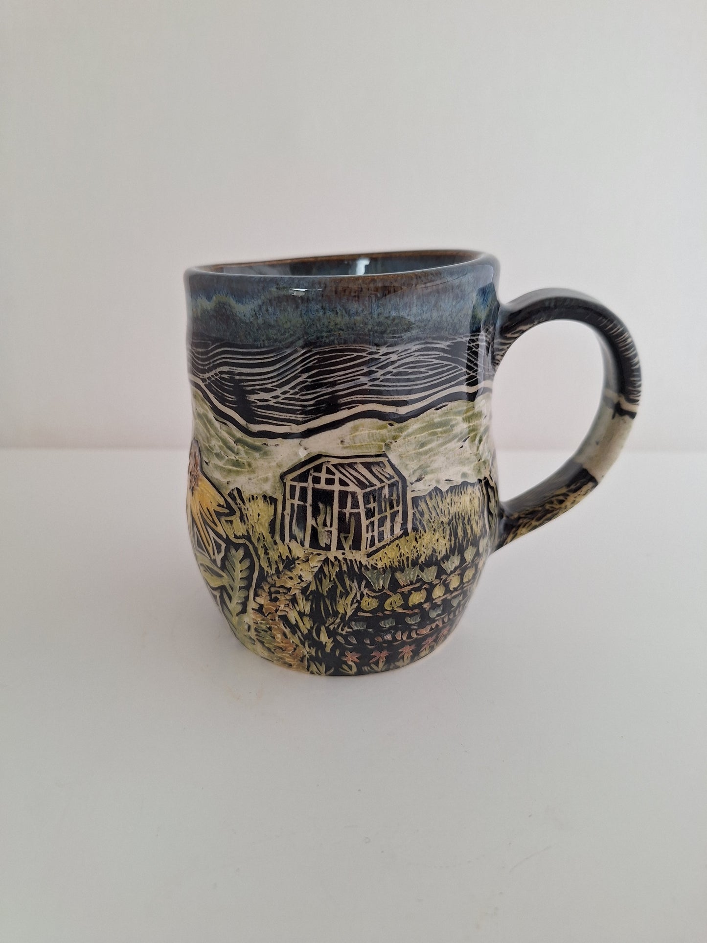 Hand Carved Botanical Stoneware Mug – Greenhouse - One of a Kind Sgraffito Mug