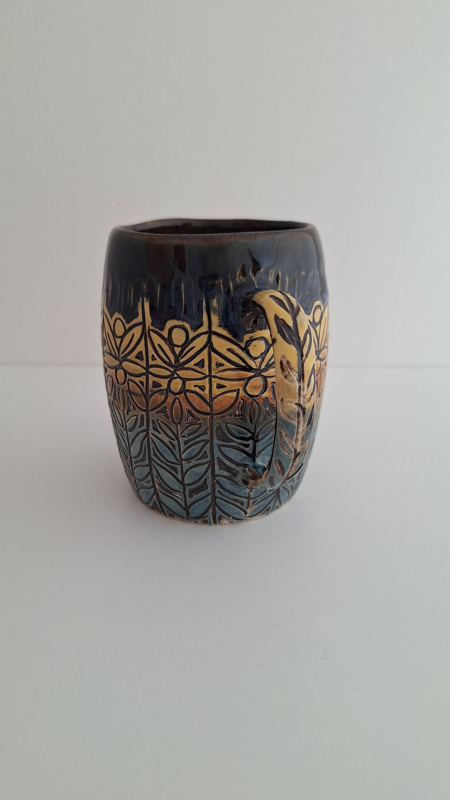 Hand Carved Botanical Stoneware Mug – Folk Pattern Sgraffito Pottery, One of a Kind Handmade Mug