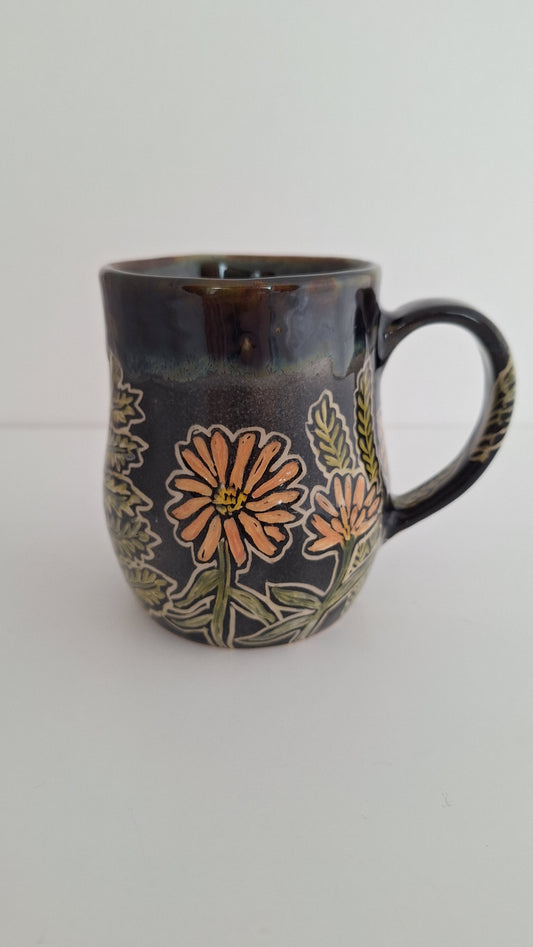 Hand Carved Botanical Stoneware Mug – Sunflowers, Cosmos & Ferns, One of a Kind