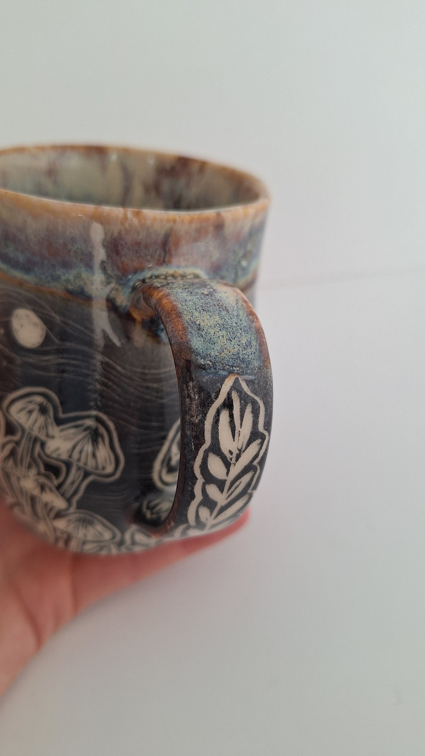 Hand Carved Botanical Stoneware Mug – Be Kind, mushrooms, morels - One of a Kind Sgraffito Mug