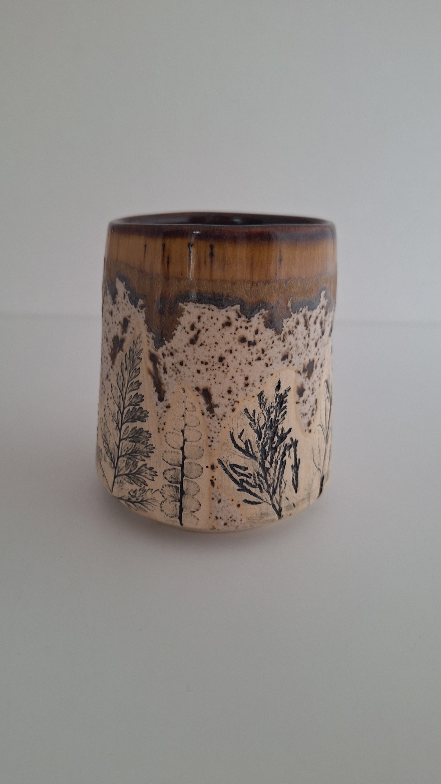 Botanical Imprint Stemless Wine Cup — One of a Kind Stoneware Tumbler - #4