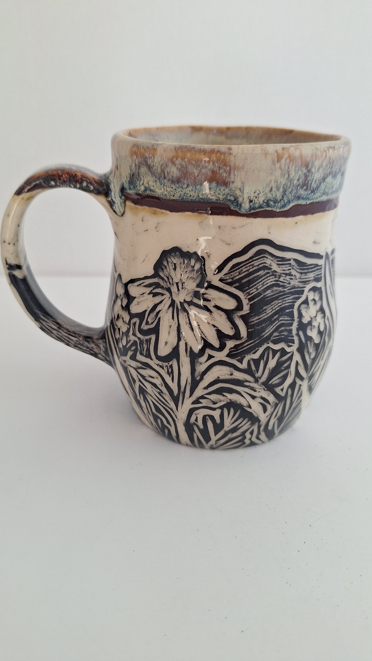 Hand Carved Botanical Stoneware Mug – Barn & Farm Field - One of a Kind Sgraffito Mug