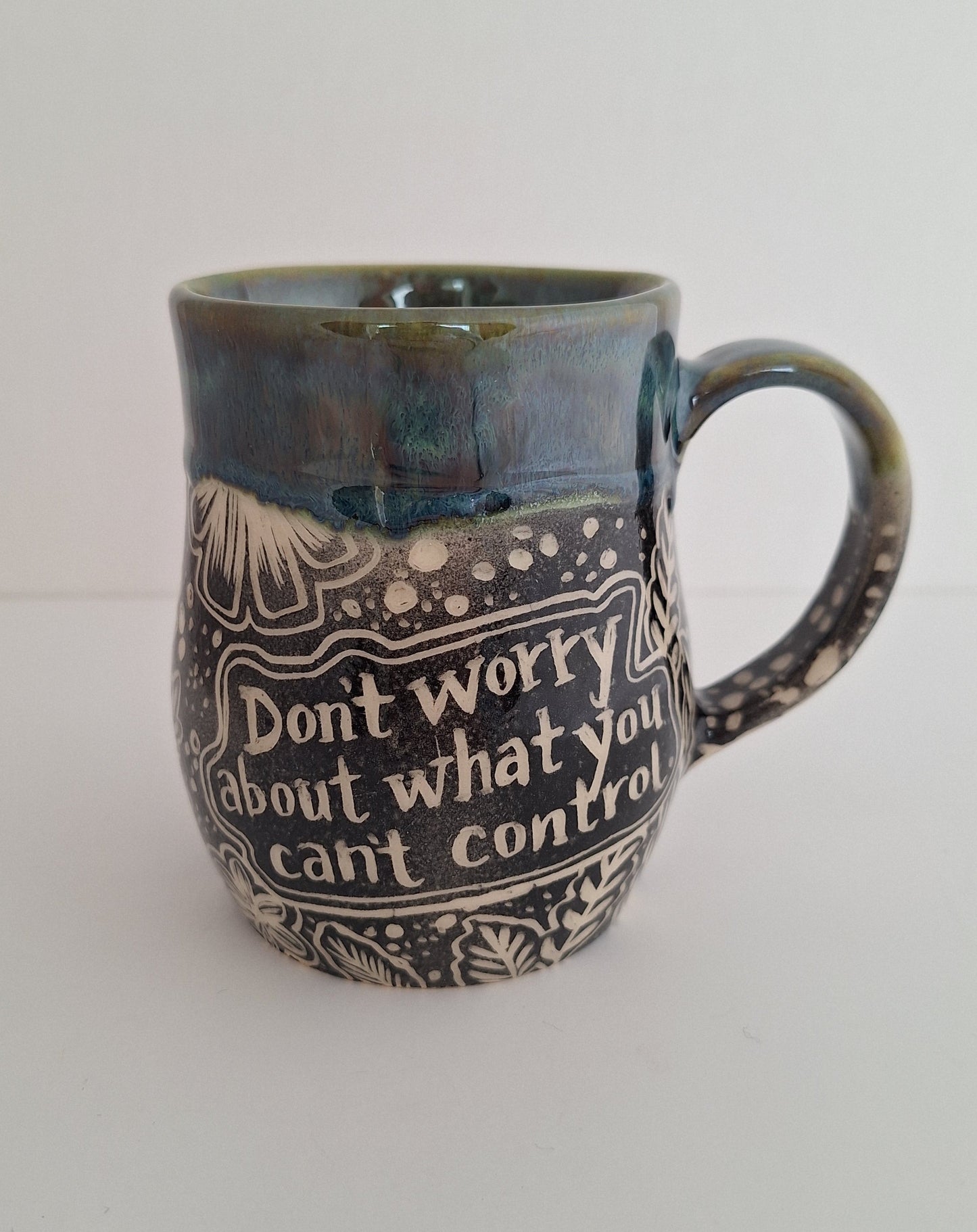 Hand Carved Botanical Stoneware Mug – Don't Worry - One of a Kind Sgraffito Mug