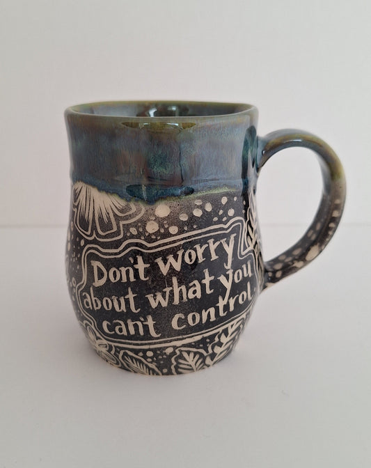 Hand Carved Botanical Stoneware Mug – Don't Worry - One of a Kind Sgraffito Mug