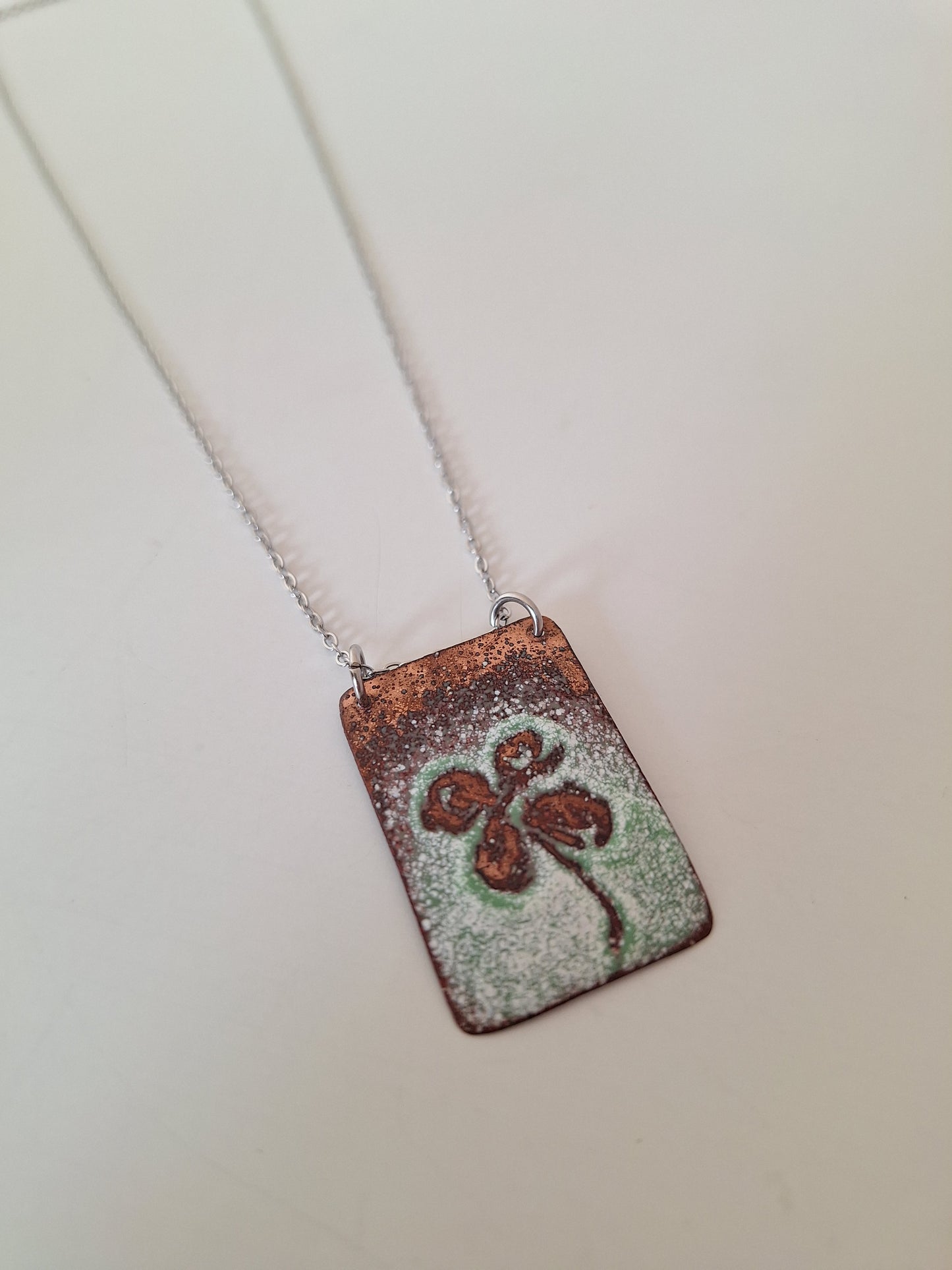 Copper Clover Necklace – Enamel Pendant – One of a Kind Botanical Jewelry