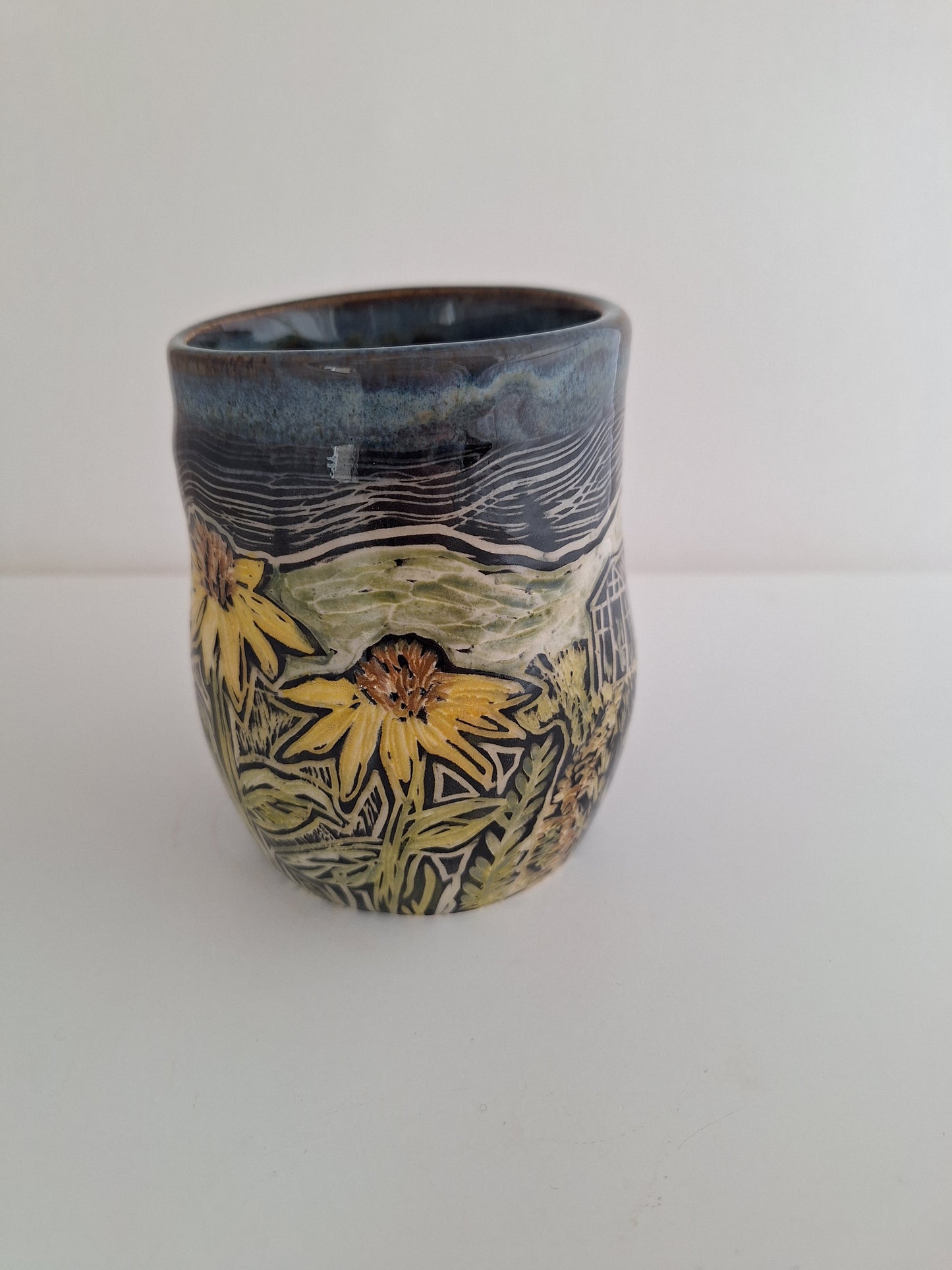 Hand Carved Botanical Stoneware Mug – Greenhouse - One of a Kind Sgraffito Mug