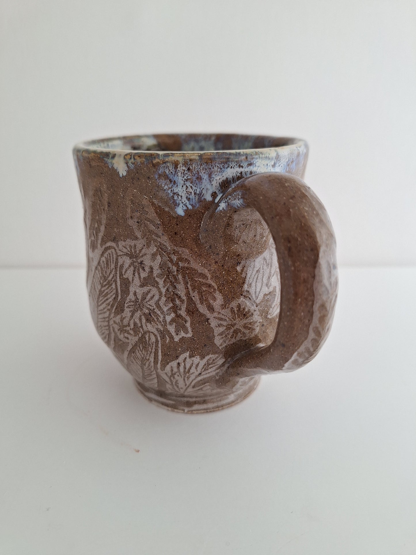Hand Carved Botanical Stoneware Mug – Mushroom Fern - One of a Kind Sgraffito Mug