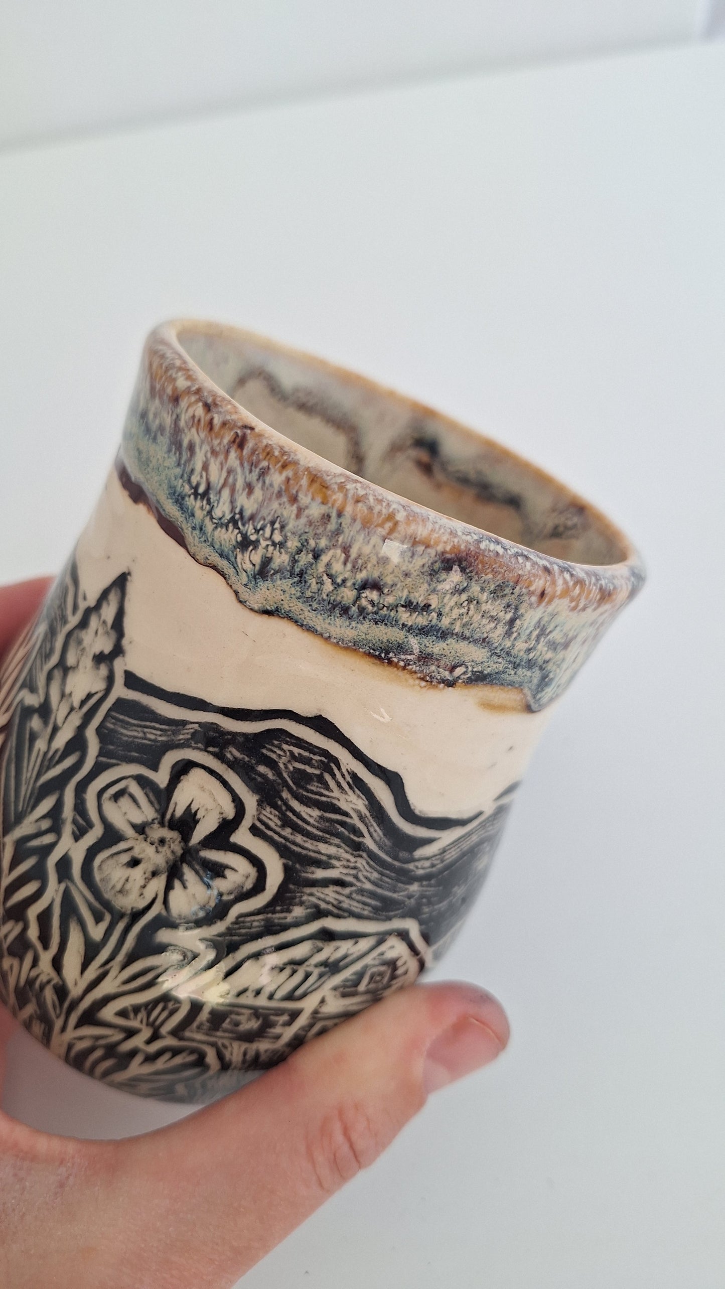 Hand Carved Botanical Stoneware Mug – Barn & Farm Field - One of a Kind Sgraffito Mug