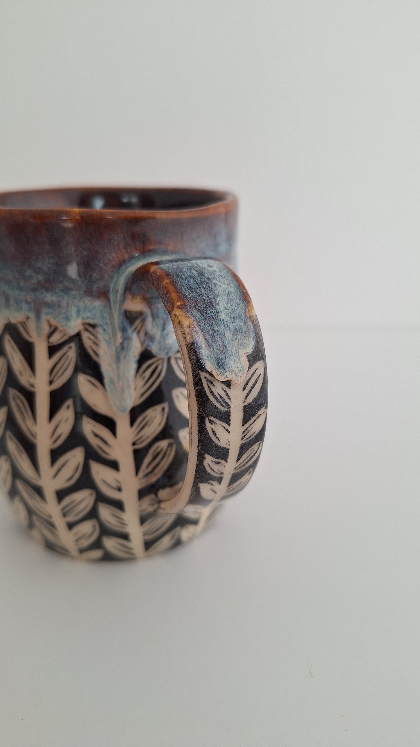 Hand Carved Botanical Stoneware Mug – Honeysuckle Vines - One of a Kind Sgraffito Mug