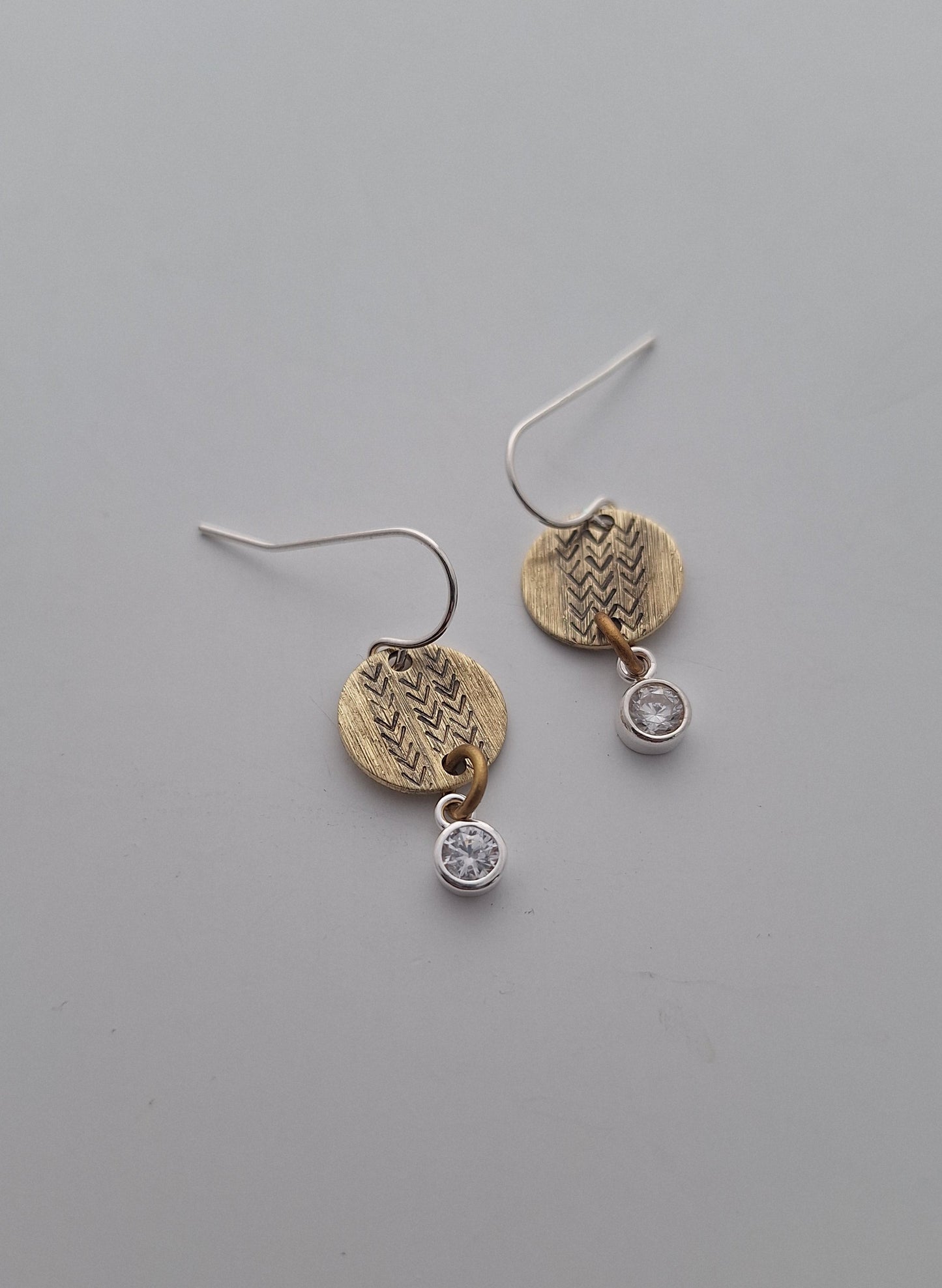 Patina Brass Textured Earrings with White Gemstones — Sterling Silver Ear Wires