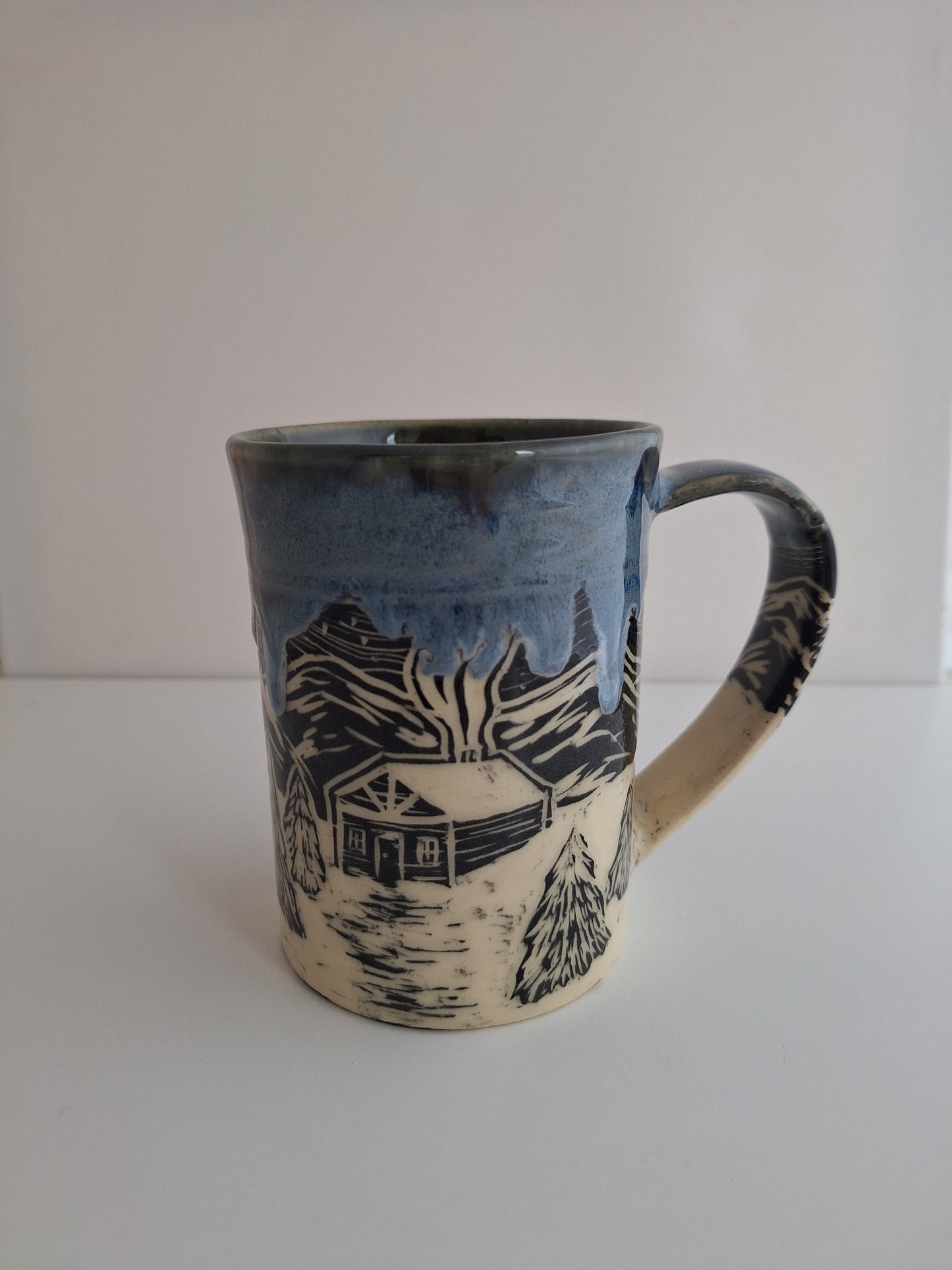 Hand-carved Winter Cabin Mug
