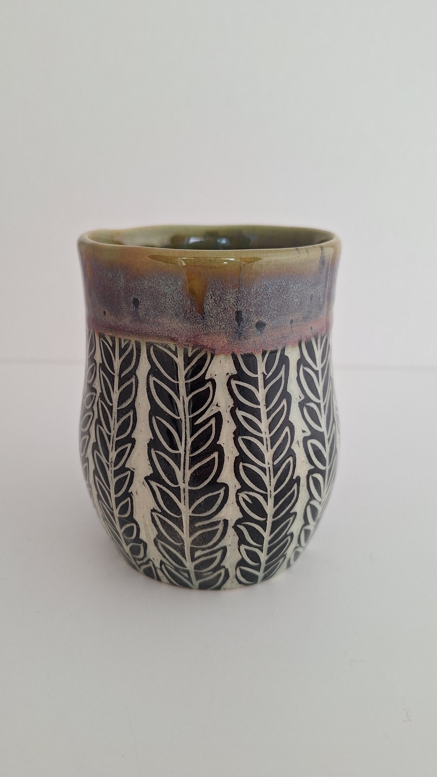 Hand Carved Botanical Stoneware Mug – Honeysuckle Vines - One of a Kind Sgraffito Mug