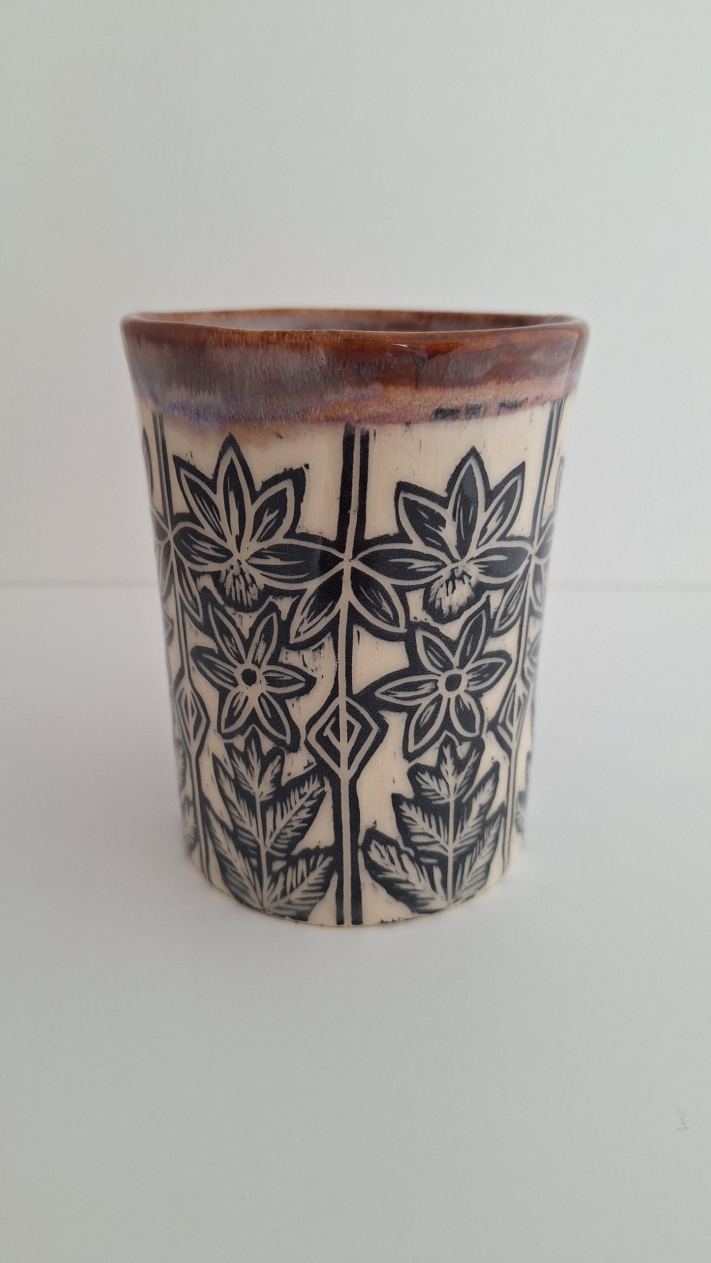 Hand Carved Botanical Stoneware Mug – Echinacea,  Ferns - One of a Kind Sgraffito Mug