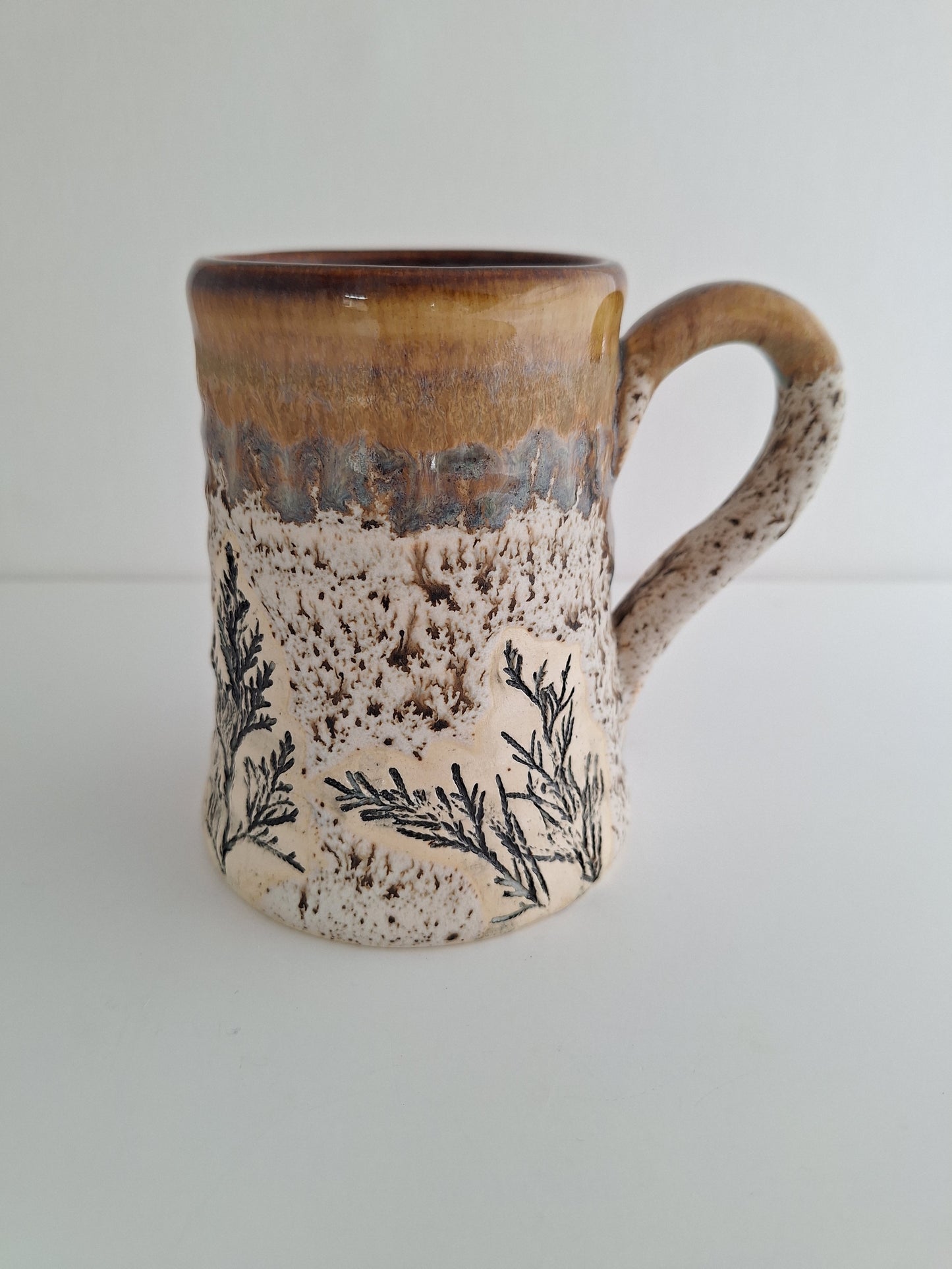 Hand Pressed Botanical Stoneware Mug – Juniper, One of a Kind Handmade Mug