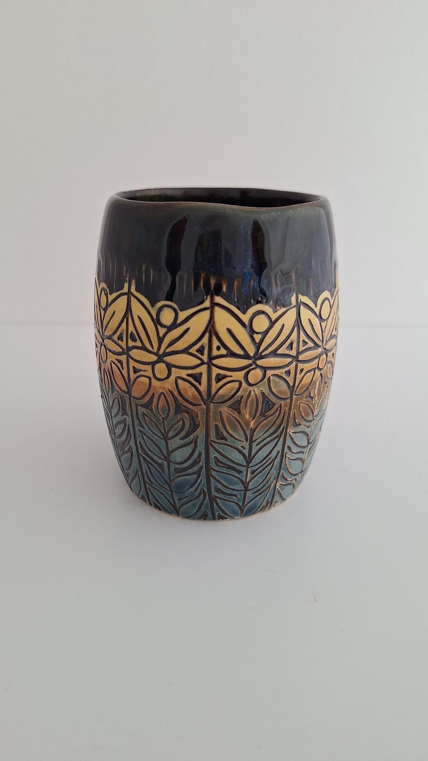 Hand Carved Botanical Stoneware Mug – Folk Pattern Sgraffito Pottery, One of a Kind Handmade Mug