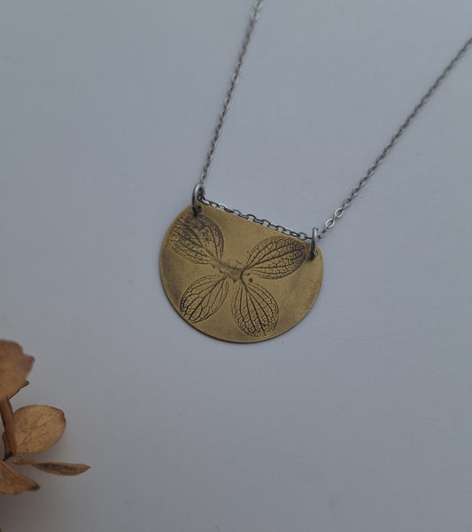 Pressed Hydrangea Brass Necklace — Botanical Imprint (One of a Kind)