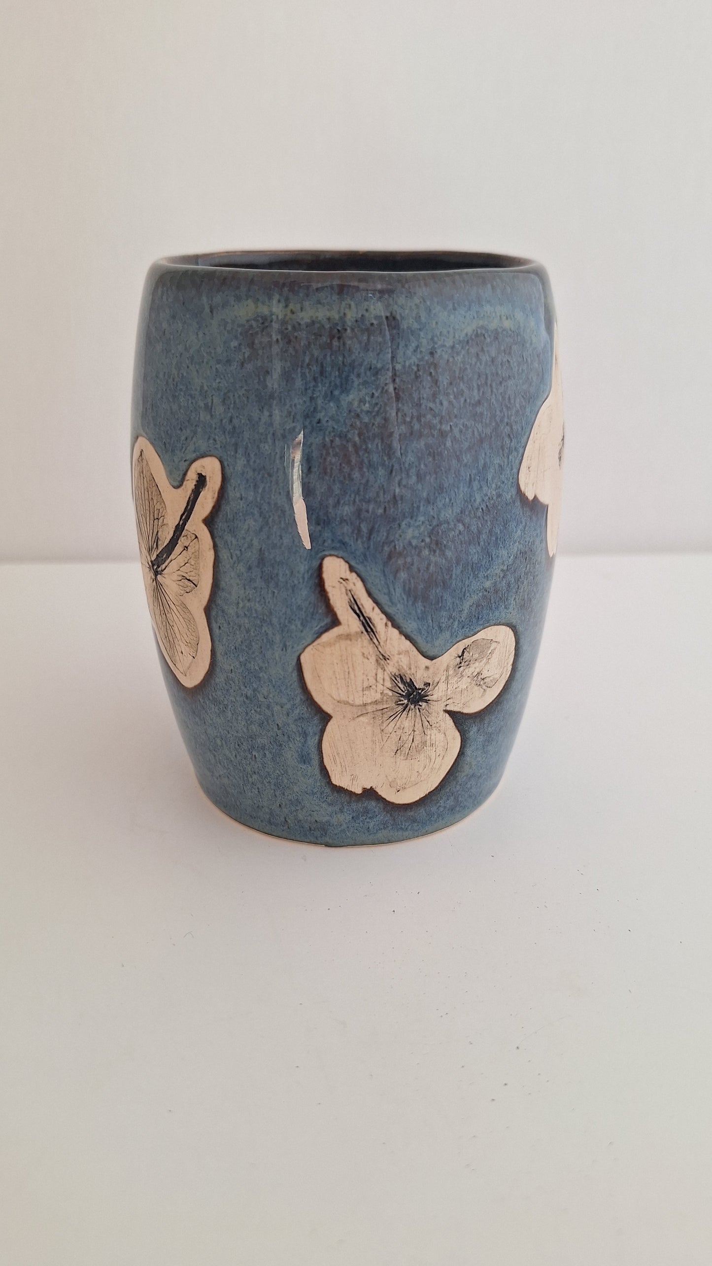 Hand Pressed Botanical Stoneware Mug – Hydrangeas, One of a Kind Handmade Mug