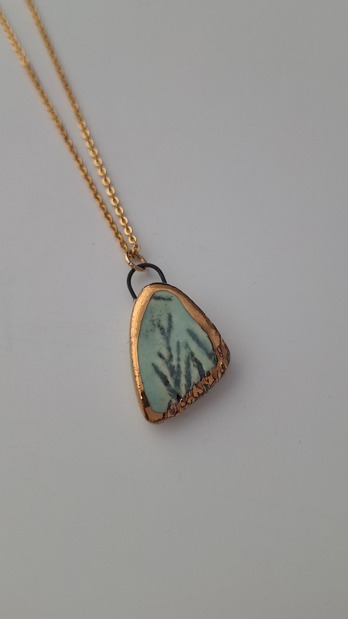 Turquoise Leaf Necklace - Ceramic - Gold