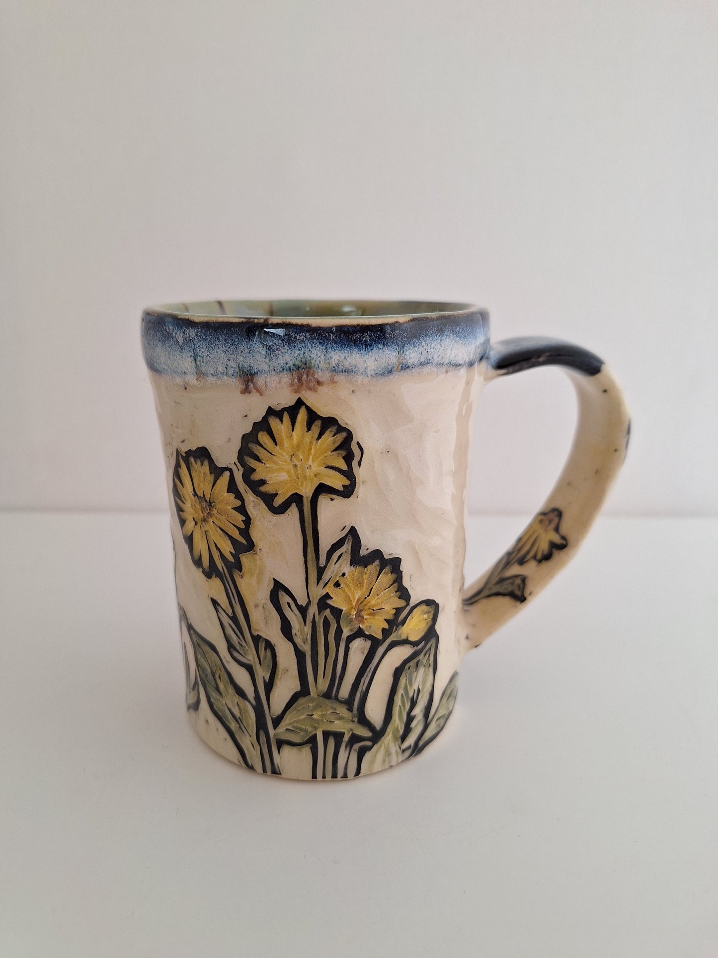 Hand Carved Botanical Stoneware Mug – Brown Eyed Susan Floral - One of a Kind Sgraffito Mug