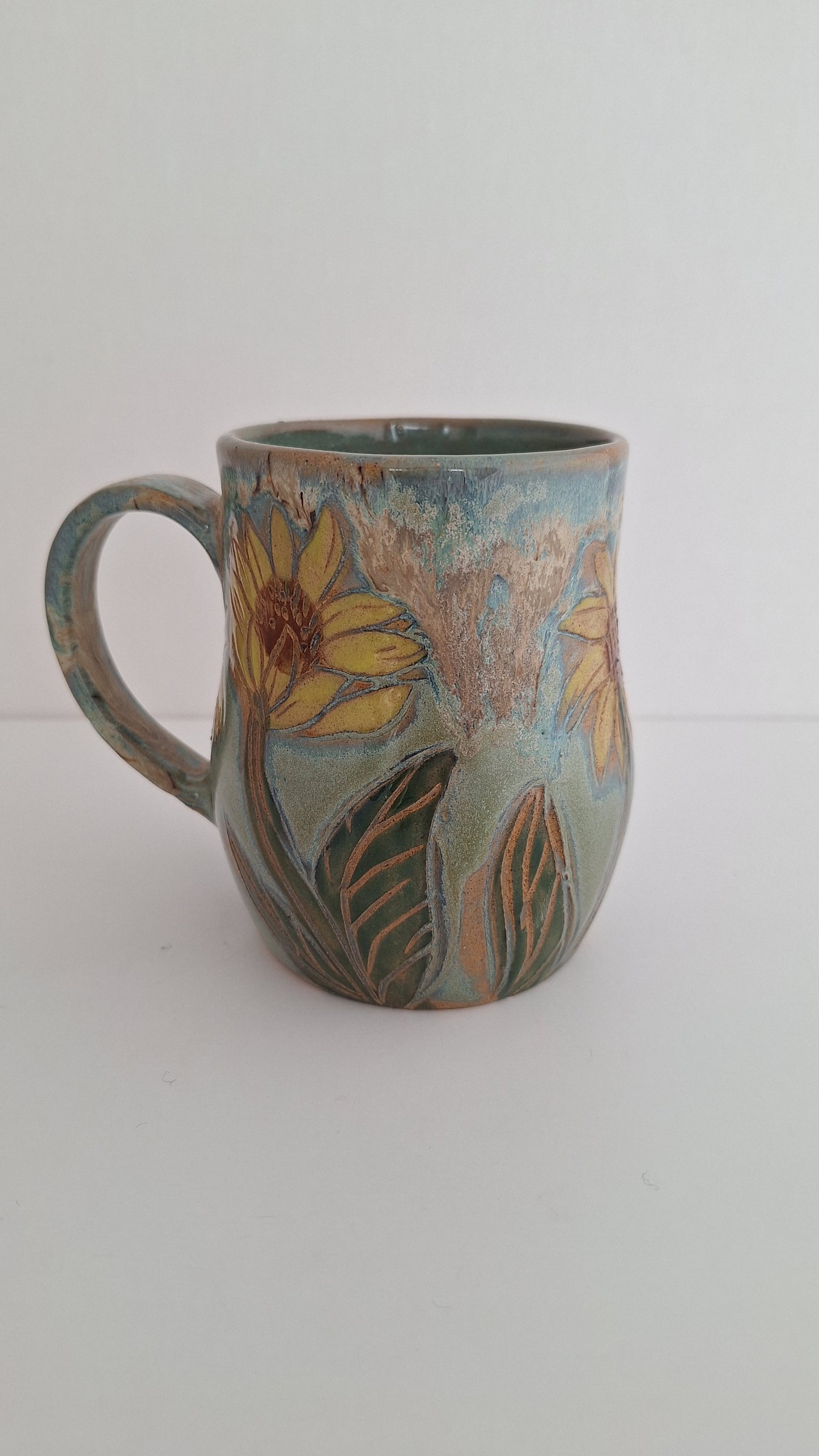 Hand Carved Botanical Stoneware Mug – Sunflowers - One of a Kind Sgraffito Mug